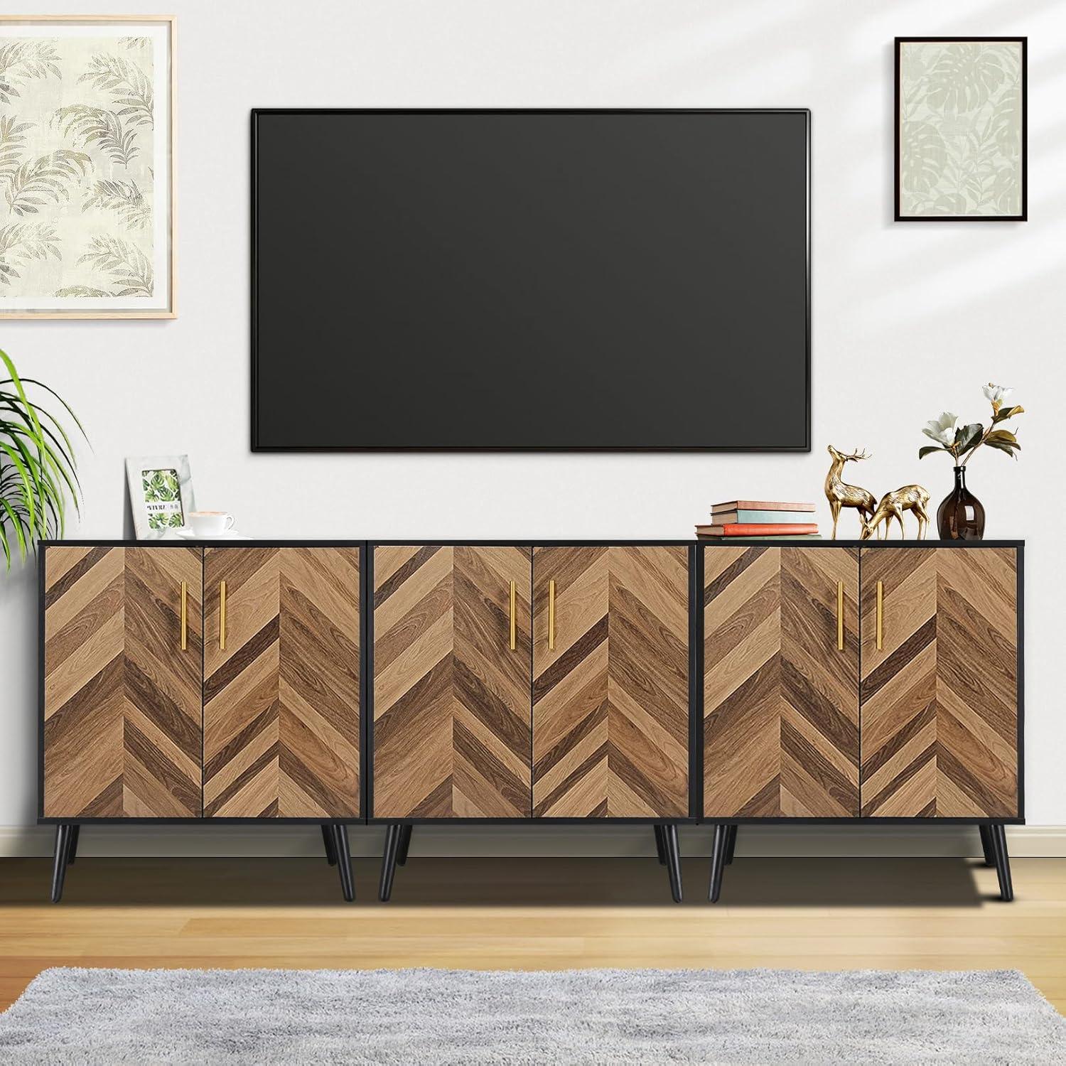 Accent Cabinet, Black Storage Cabinet with Doors Mid Century Modern Sideboard Buffet Cabinet with Storage Shelves Small Wood Accent Cabinets for Living Room Entryway Office, Brown Herringbone