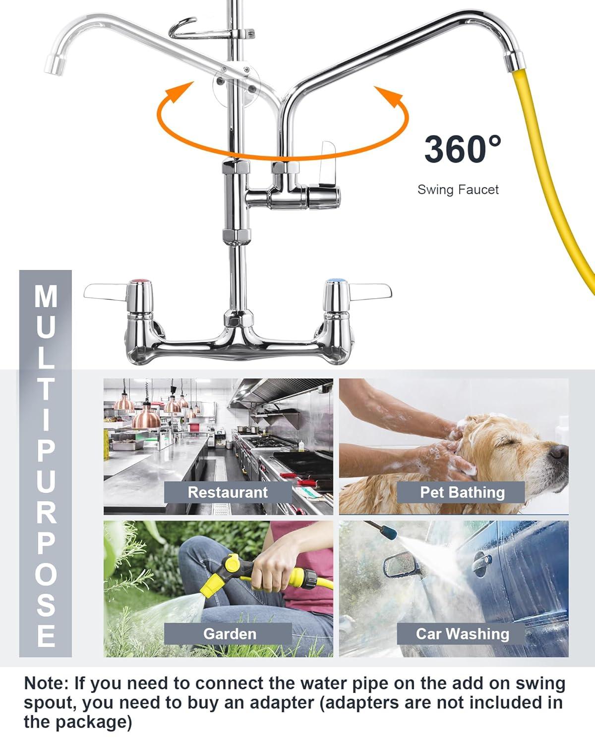 Commercial Kitchen Sink Faucet with Pull Down Sprayer, Pre-Rinse Wall Mount Faucet Chrome Commercial Kitchen Faucets with Sprayer 25" Height Water Faucets with 9.6" Add-on Swing Spout for Restaurant