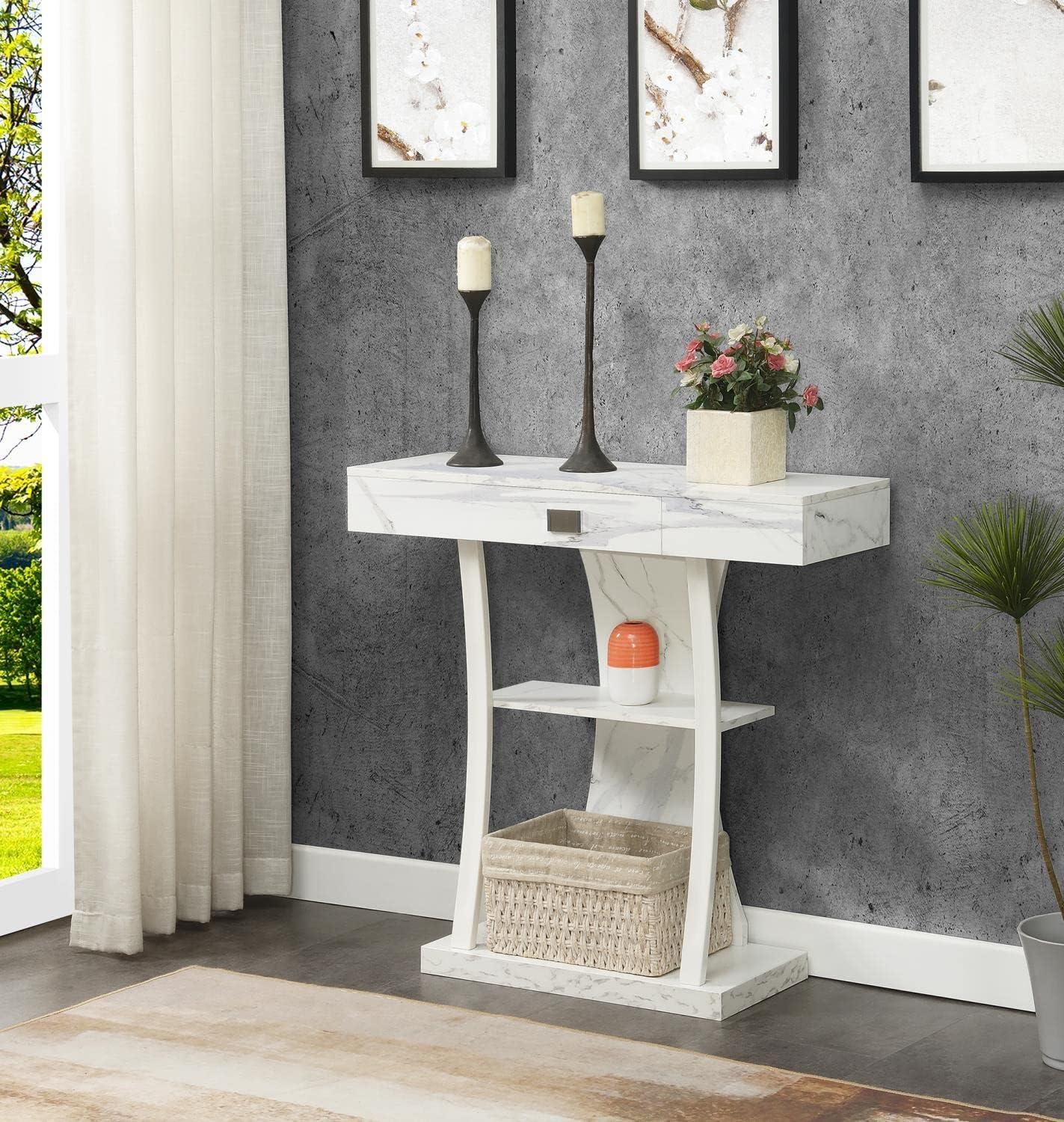 Convenience Concepts Newport 1 Drawer Harri Console Table with Shelves, White Faux Marble/White