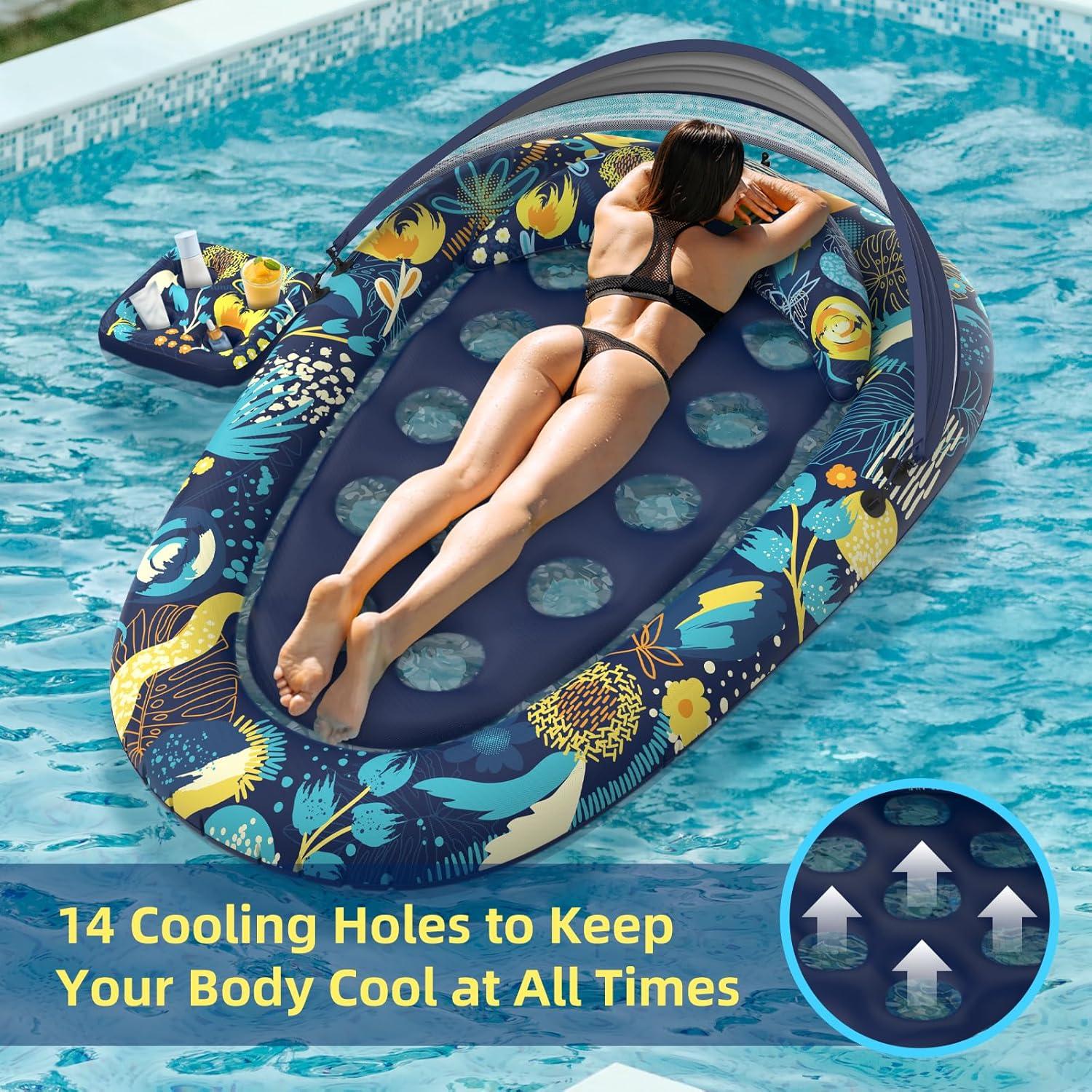 3-in-1 Pool Floats with Canopy Cup Holder, XL Large 73" x 48" Inflatable Pool Floats for Adults Lounger Raft Floating Chair for Swimming Pool Lake Water Lounge Float Beach Pool Party Toys