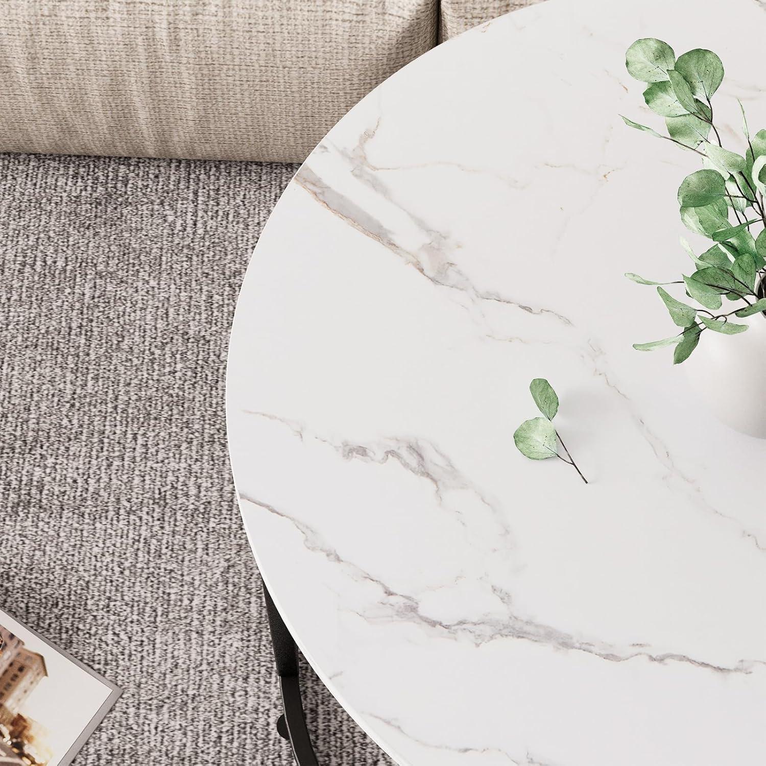 White Faux Marble and Black Metal Round Nesting Coffee Table Set