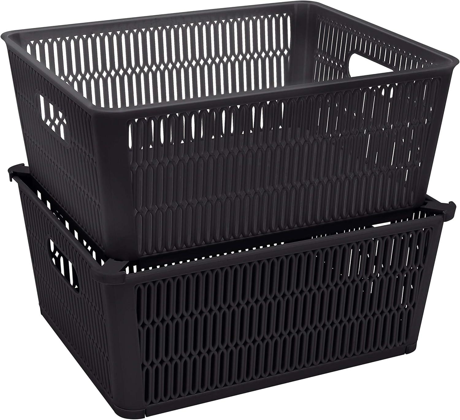 Simplify Slide 2 Stack It 2 Pack Plastic Storage Tote Baskets in Black