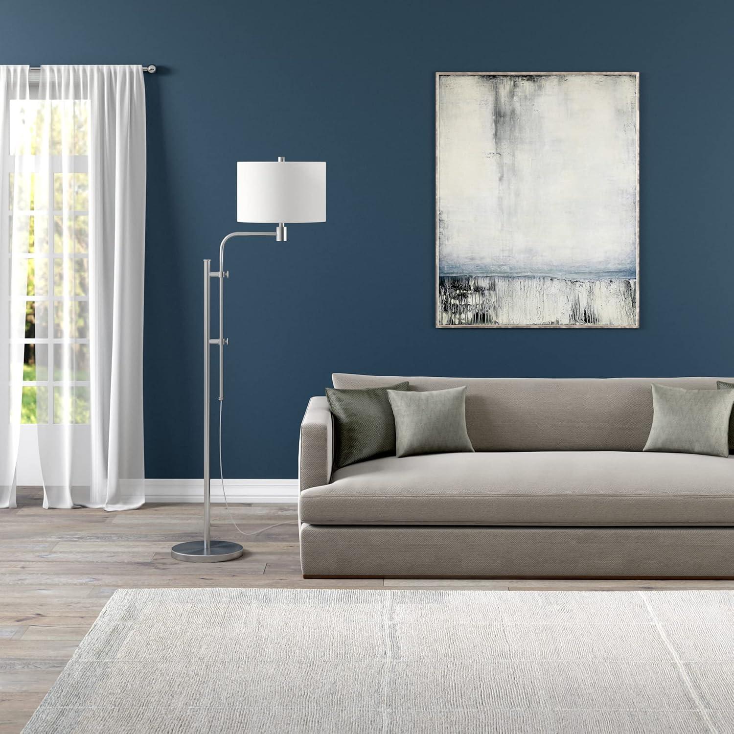 Evelyn&Zoe Polly Height-Adjustable Floor Lamp with Fabric Shade, Brushed Nickel/White