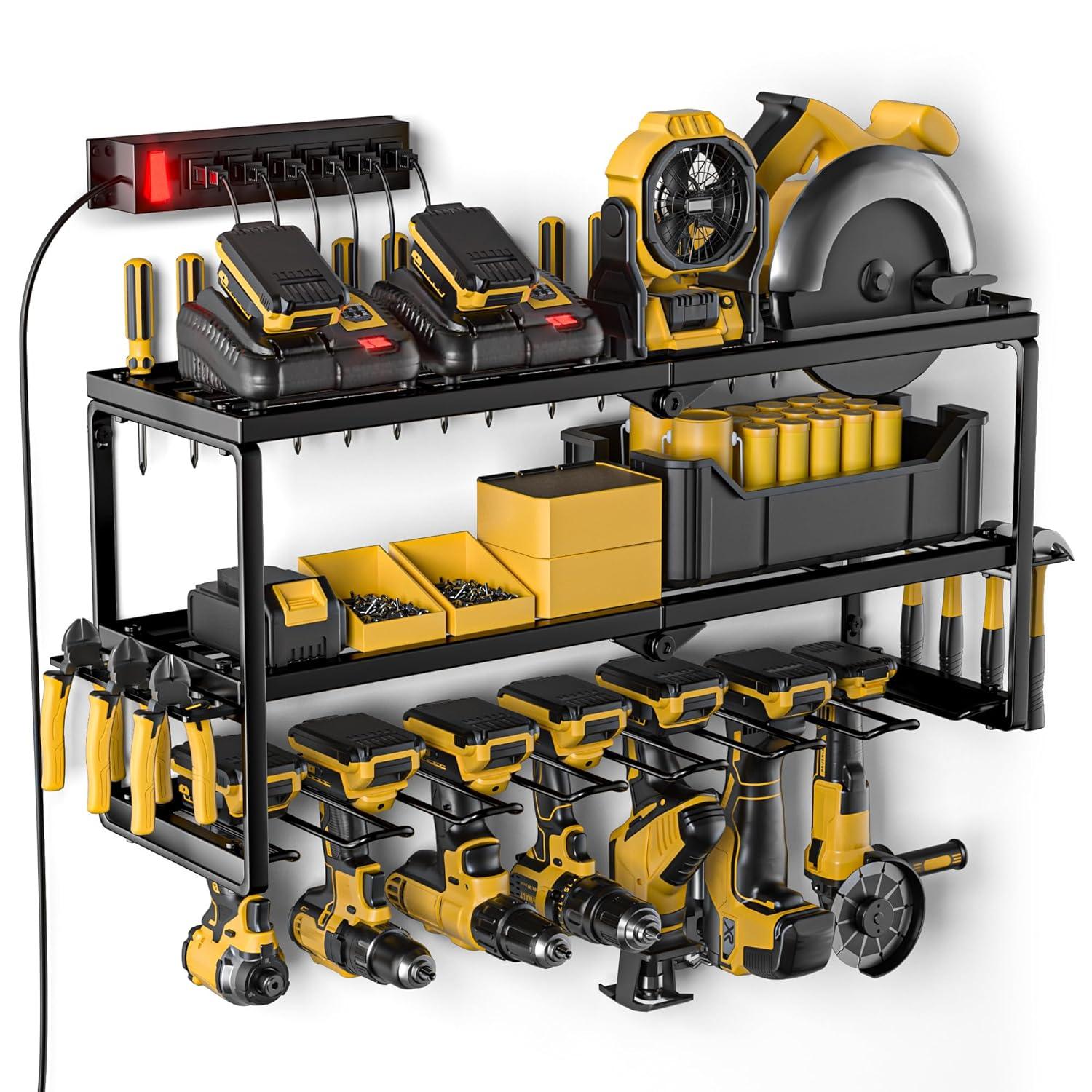 Power Tool Organizer, 7 Drill Holder for Tool Organizer, Storage and Organization for Garage, Heavy Duty Metal Tool Shelf Utility Rack for Cordless Power Tools Suitable for Pegboard/Workshop