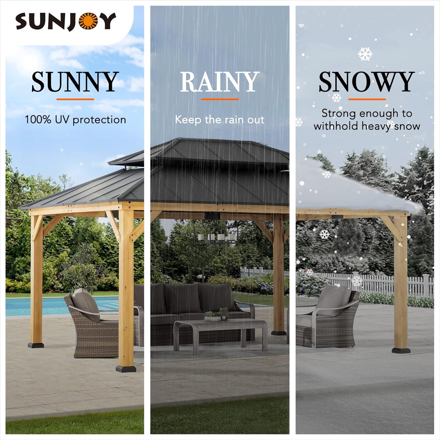 Sunjoy 12x16 ft. Wood Gazebo, Outdoor Patio Steel Hardtop Gazebo, Cedar Framed Wooden Gazebo with 2-tier Metal Roof, Suitable for Patios, Lawn, and Backyard, Dark Brown