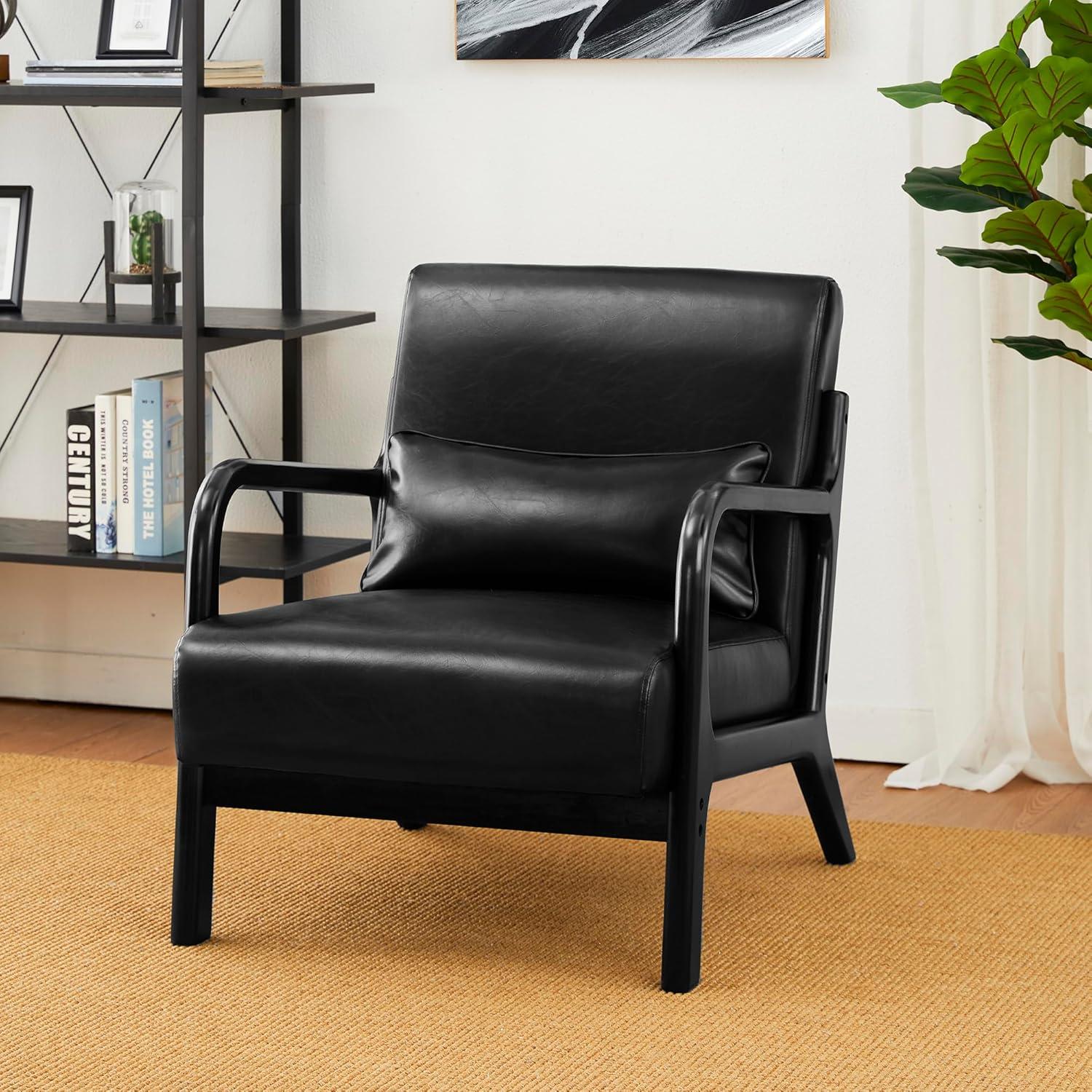 Mid-Century Modern Leatherette Arm Accent Chair Walnut Rubberwood Frame Navy Blue - Glitzhome: PU Upholstery, Tapered Legs, Office/Home Use