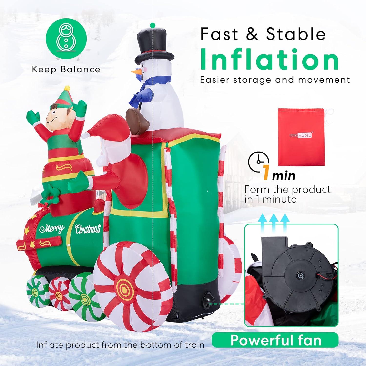 6ft Colorful Inflatable Christmas Train with Santa, Elf, and Snowman