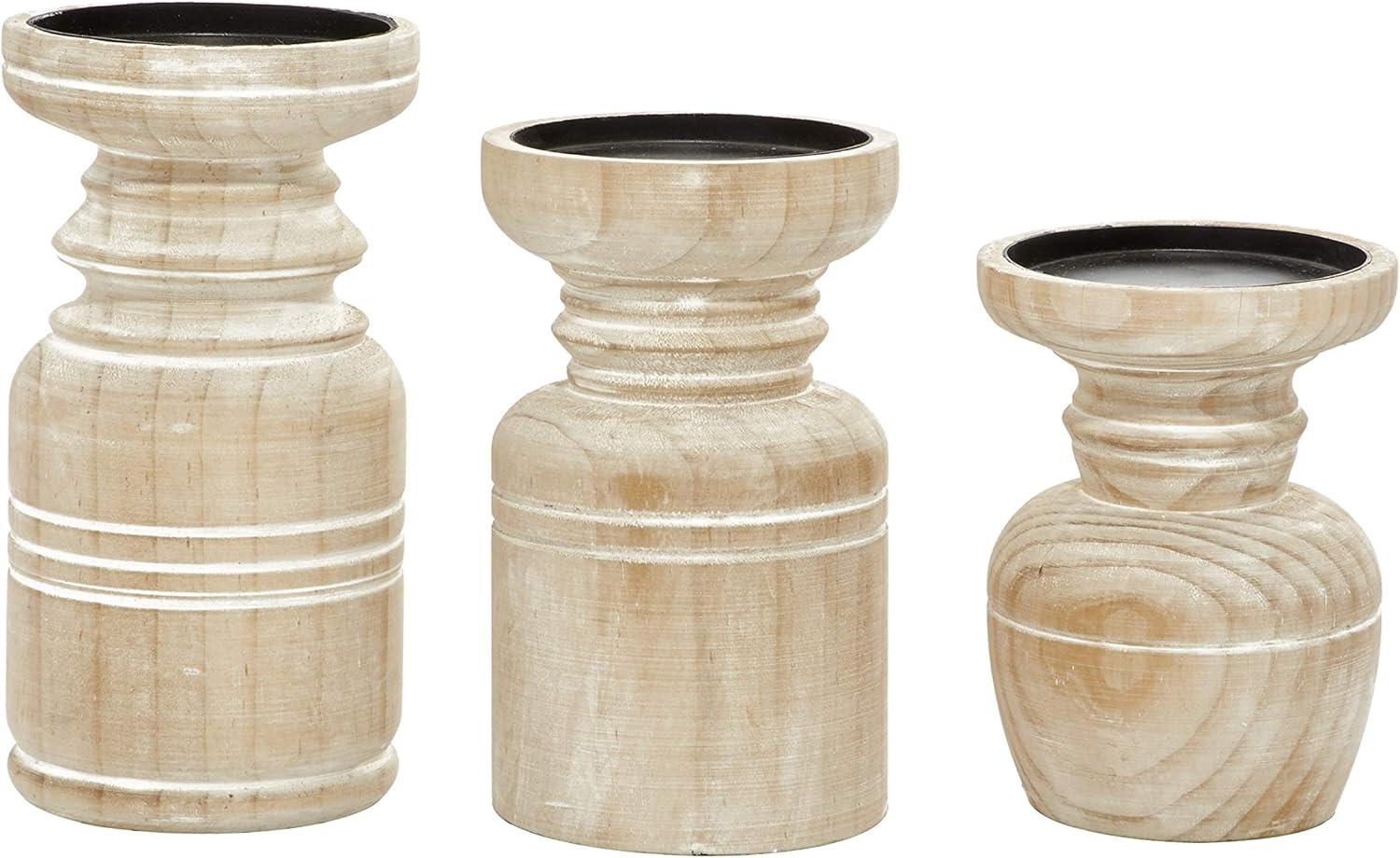 DecMode 3 Candle Brown Wood Pillar Candle Holder with White Wash Finish, Set of 3