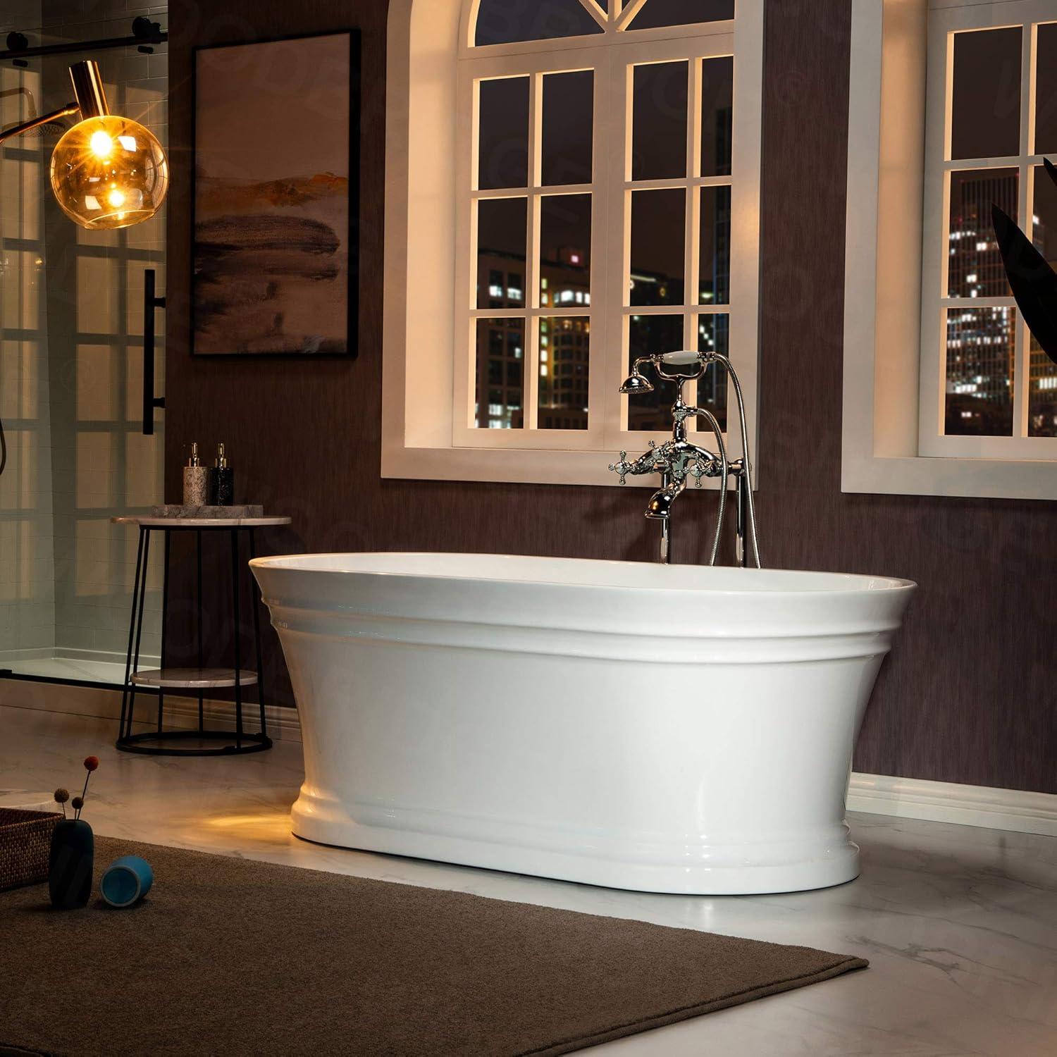 Woodbridge 59'' Freestanding White Acrylic Soaking Bathtub with Brushed Nickel Drain