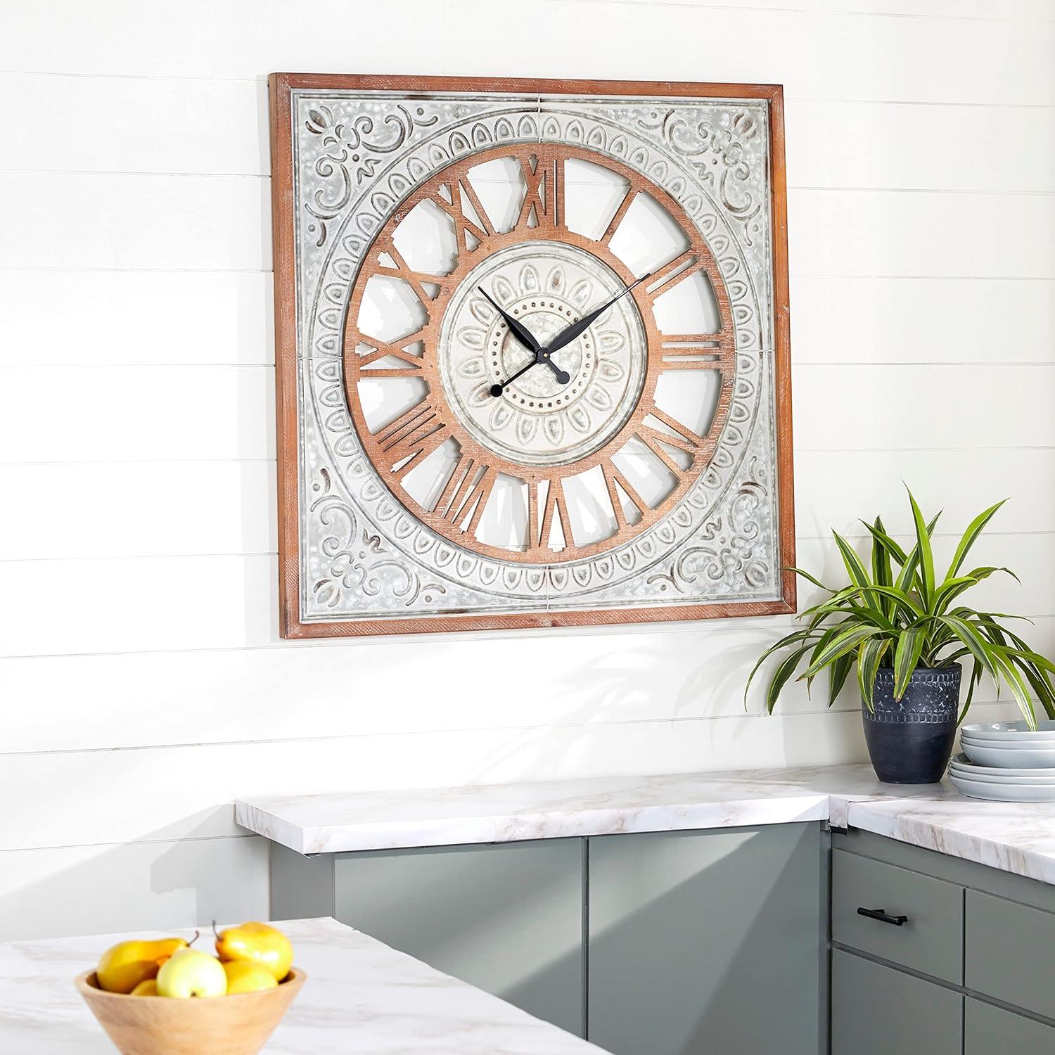 Metal Scroll Wall Clock with Embossed Metal Brown - Olivia & May: Silent, Square, Farmhouse Style