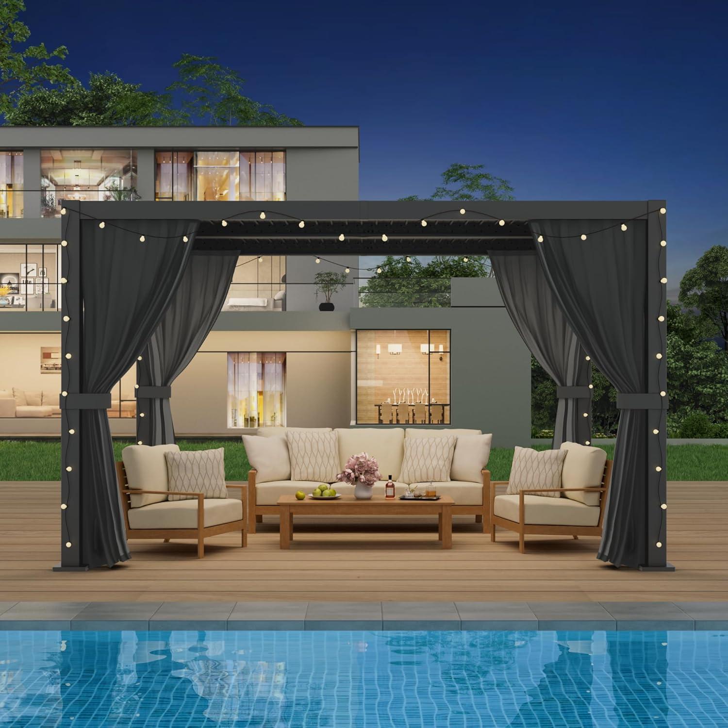 10' ×13' Outdoor Louvered Pergola with Curtain, Aluminum Outdoor Louvered Pergola Patio with Adjustable Roof, Hardtop Metal Gazebo for Patio, Backyard, Garden(Black, 10x13 with Curtain)