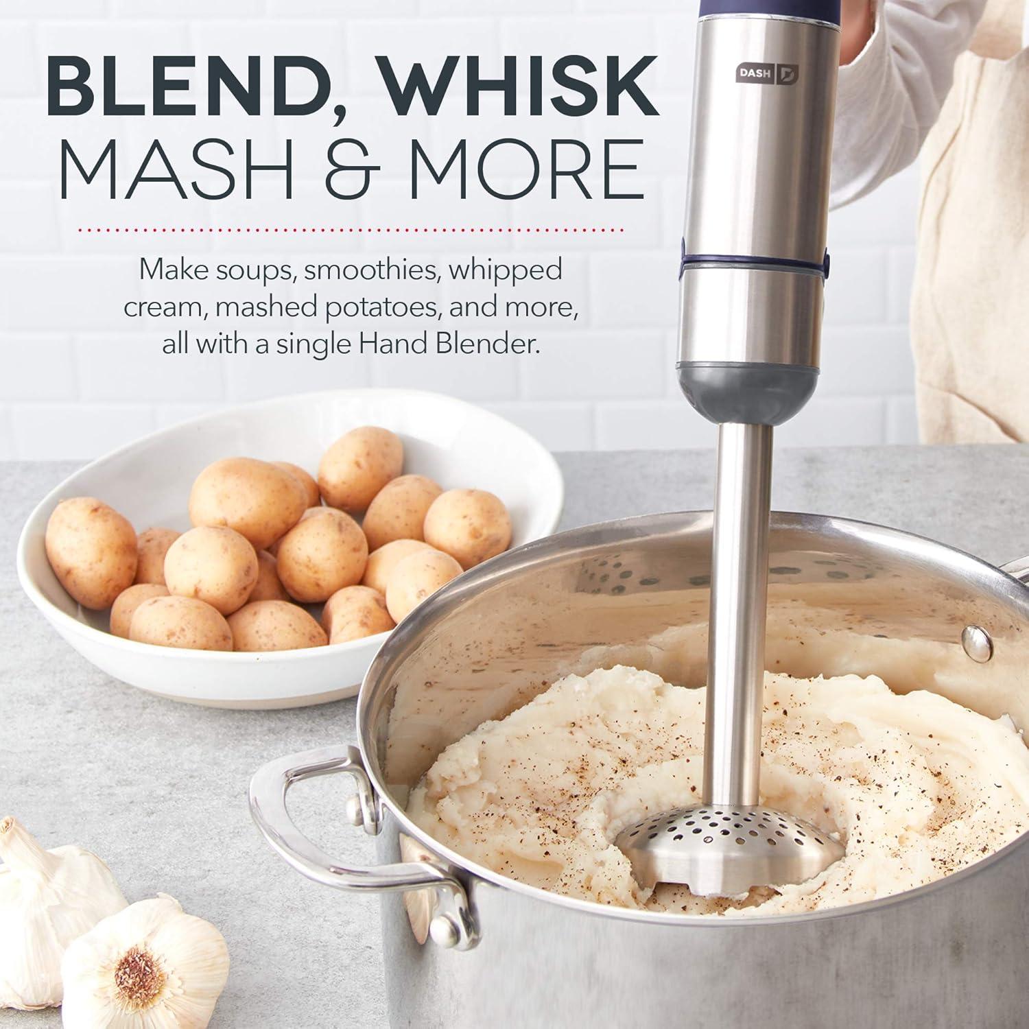 Dash Chef Series Deluxe Immersion Hand Blender, 5 Speed Stick Blender, Stainless Steel Blades, Dough Hooks, Food Processor, Grate, Mash, Slice, Whisk Attachments – Midnight - New