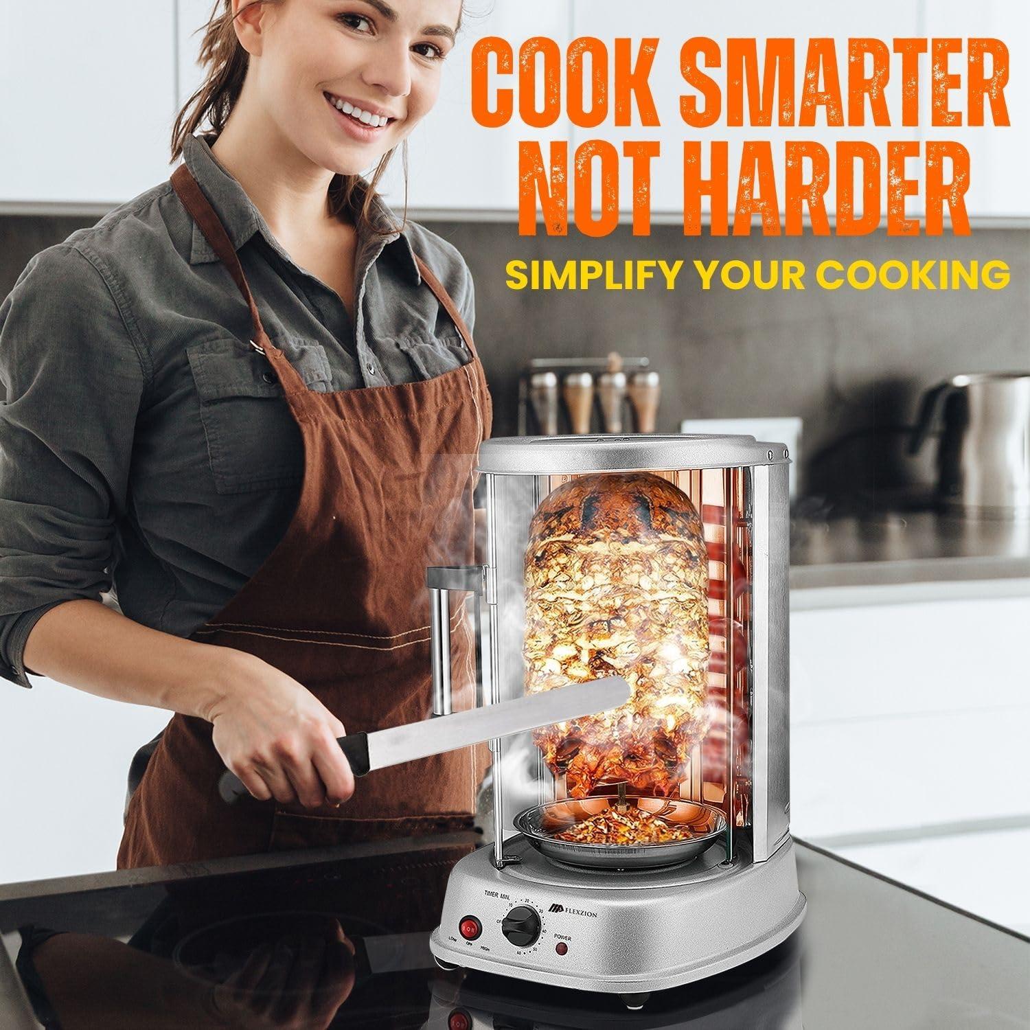 Vertical Tower Rotating Rotisserie Oven Grill - Shawarma Kebab Electric Cooker Machine Countertop w/ Stainless Doner Kebab Skewers & Rack Accessories Stain Resistant 5 in 1 for Professional & Home Use