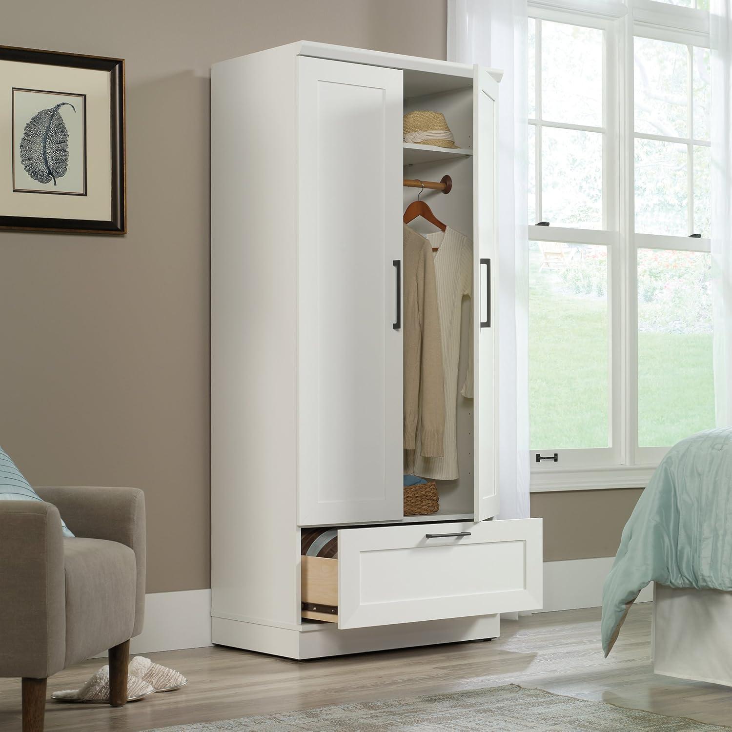 Soft White MDF 2-Door Wardrobe Armoire with Drawer