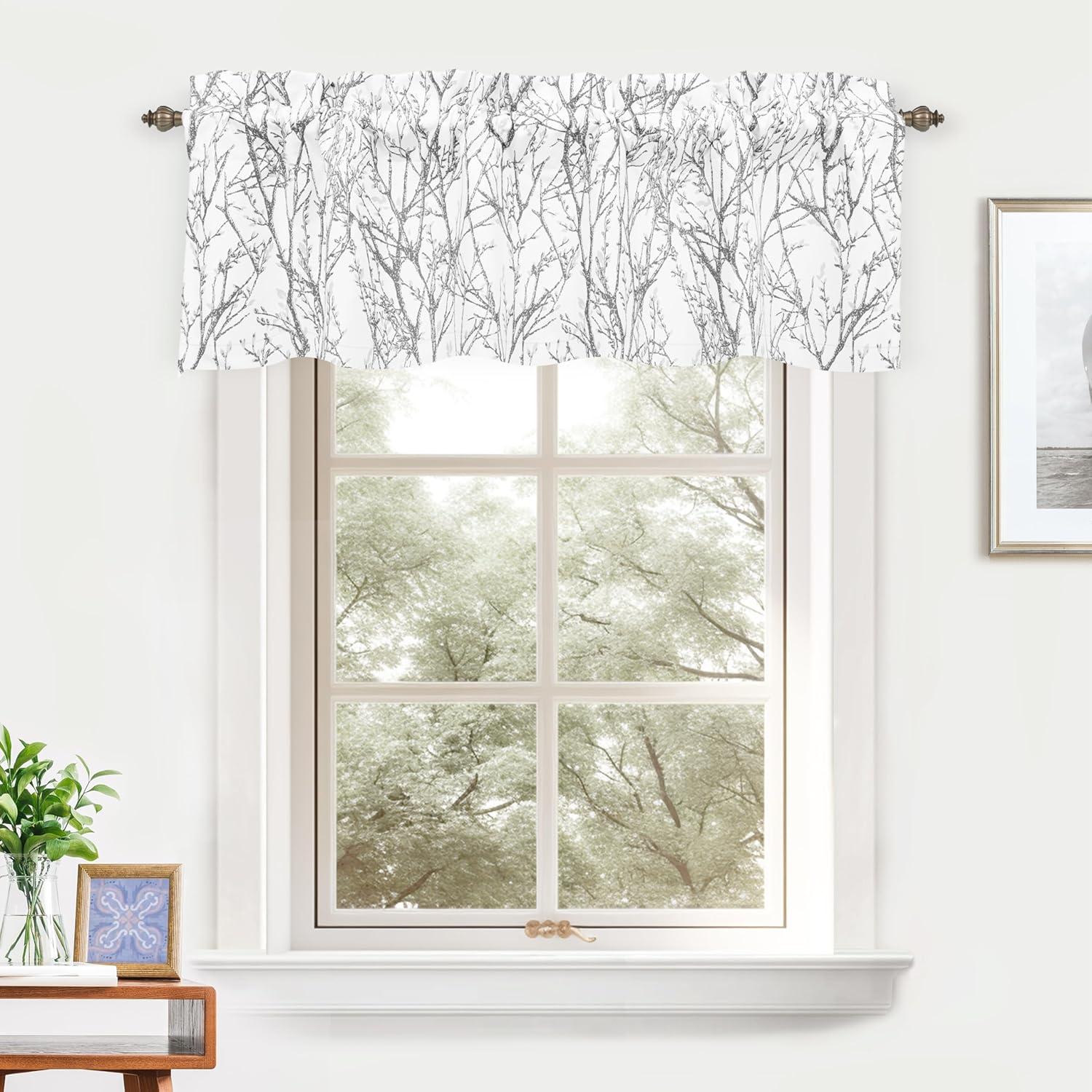 DriftAway Tree Branch Abstract Ink Printing Lined Blackout Room Darkening Window Curtain Valance Rod Pocket 52"x14"+2" Header Silver Gray 2 Pack