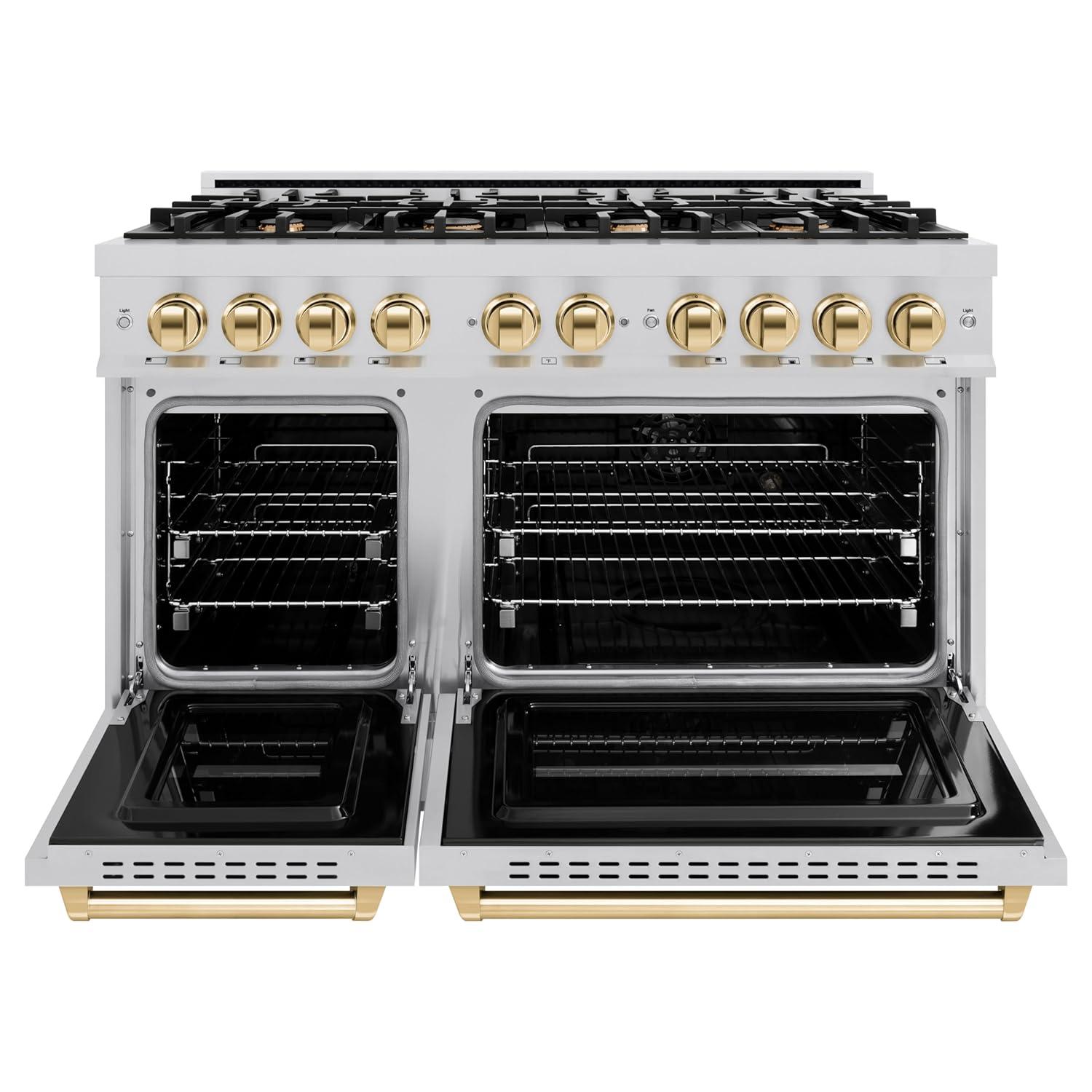 ZLINE ZLINE Autograph Edition 48 in. 6.7 cu. ft. Classic Double Oven Gas Range W/ 8 Burner Cooktop in Stainless Steel & Matte Black Accents (CGRZ-48-MB) CGRZ-48-G