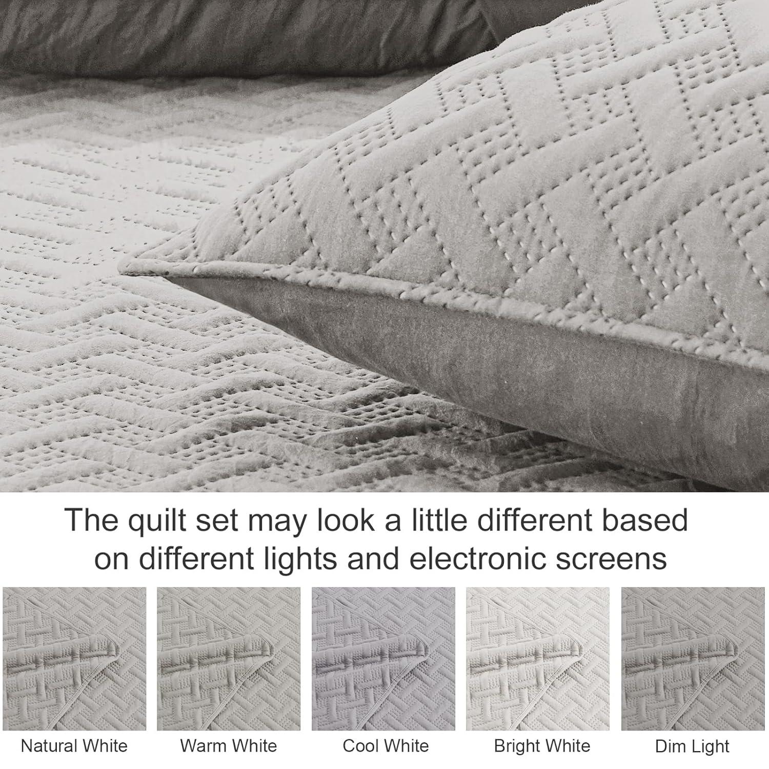 Exclusivo Mezcla Queen Quilt Bedding Set, Lightweight Soft Light Grey Queen Bedspreads Coverlets with Geometric Stitched Pattern