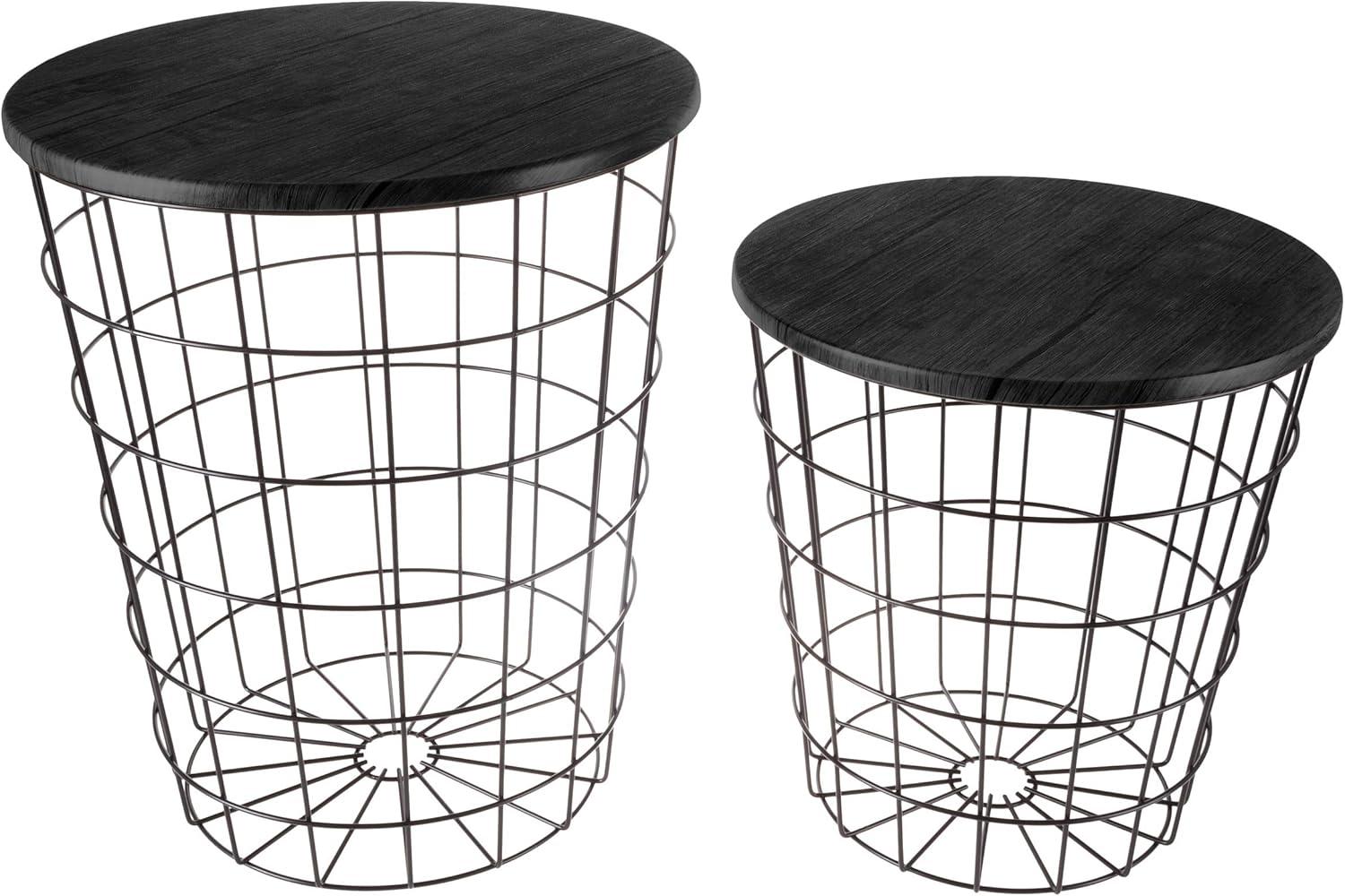 Black Round Wood and Metal Nesting Storage Side Tables