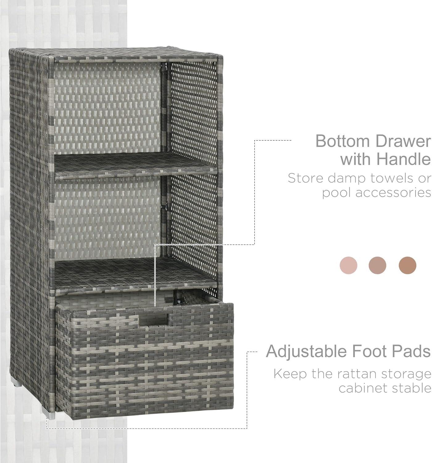 Tryimagine Outsunny Valet Pool Towel Rack, Waterproof PE Plastic Rattan Wicker Storage Organizer, Indoor Outdoor Spa, And Hot Tub Accessory Storage, 2 Shelves, 1 Basket Drawer