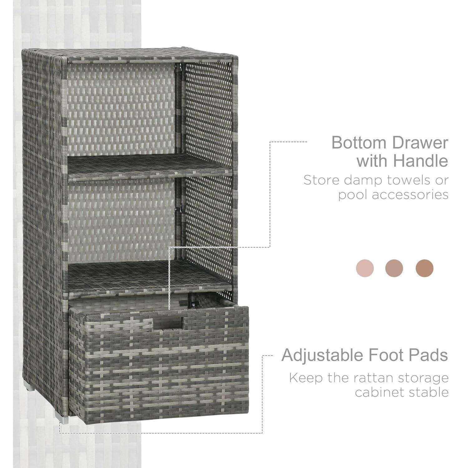 Tryimagine Outsunny Valet Pool Towel Rack, Waterproof PE Plastic Rattan Wicker Storage Organizer, Indoor Outdoor Spa, And Hot Tub Accessory Storage, 2 Shelves, 1 Basket Drawer