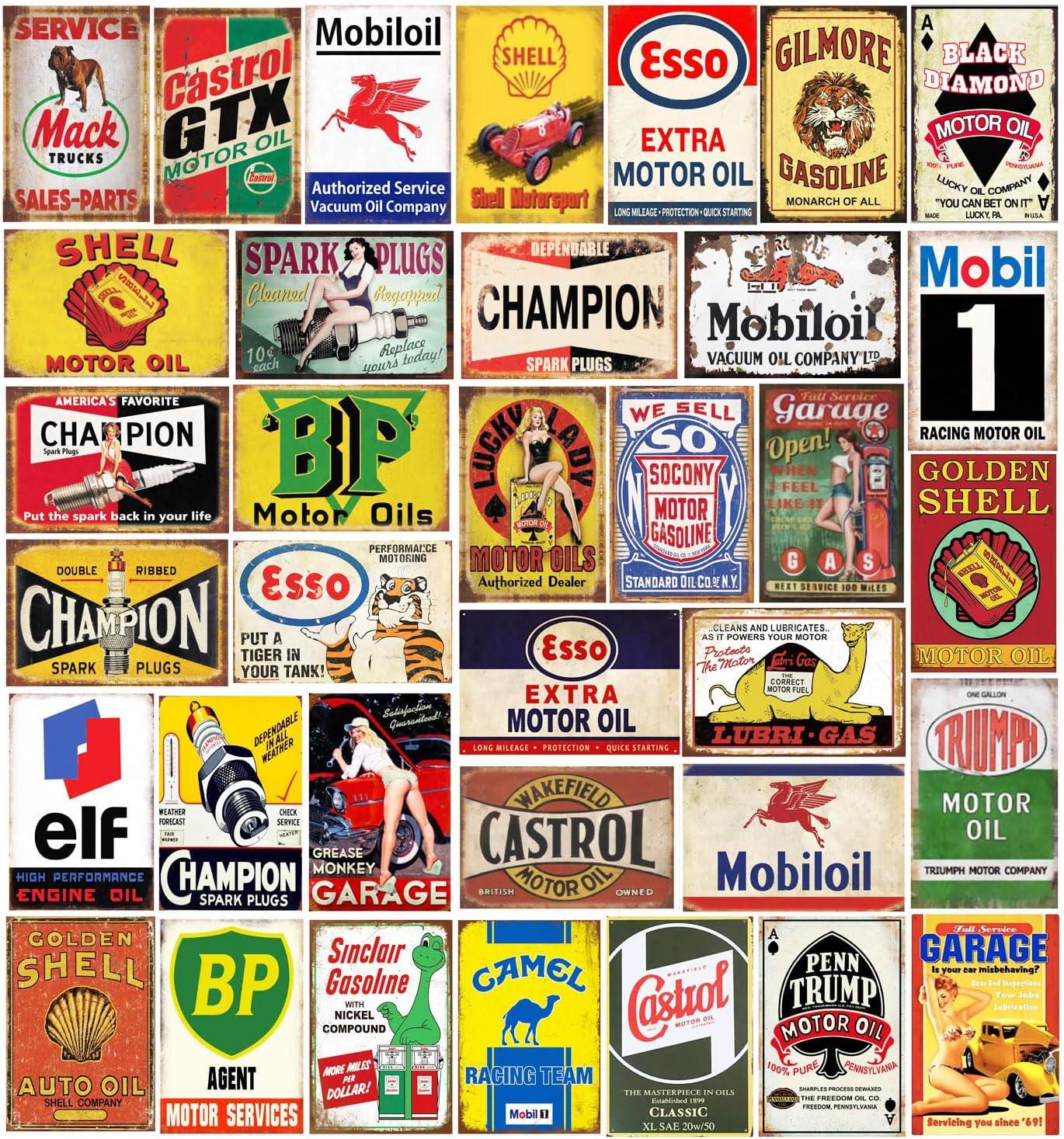 Reproduced Vintage Tin Sign Pack, Gas Oil Retro Advert Antique Metal Signs for Garage Man Cave Bar Kitchen, Nostalgic Car Decor, 8x12 Inch (35 Pieces A)