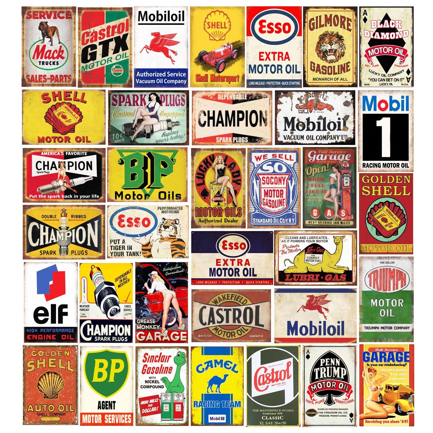 Reproduced Vintage Tin Sign Pack, Gas Oil Retro Advert Antique Metal Signs for Garage Man Cave Bar Kitchen, Nostalgic Car Decor, 8x12 Inch (35 Pieces A)