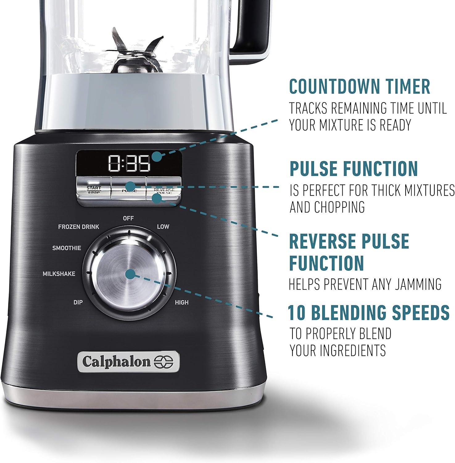 Calphalon Auto-Speed 2-Liter Blender with Blend-N-Go Smoothie Cup, Dark Stainless Steel