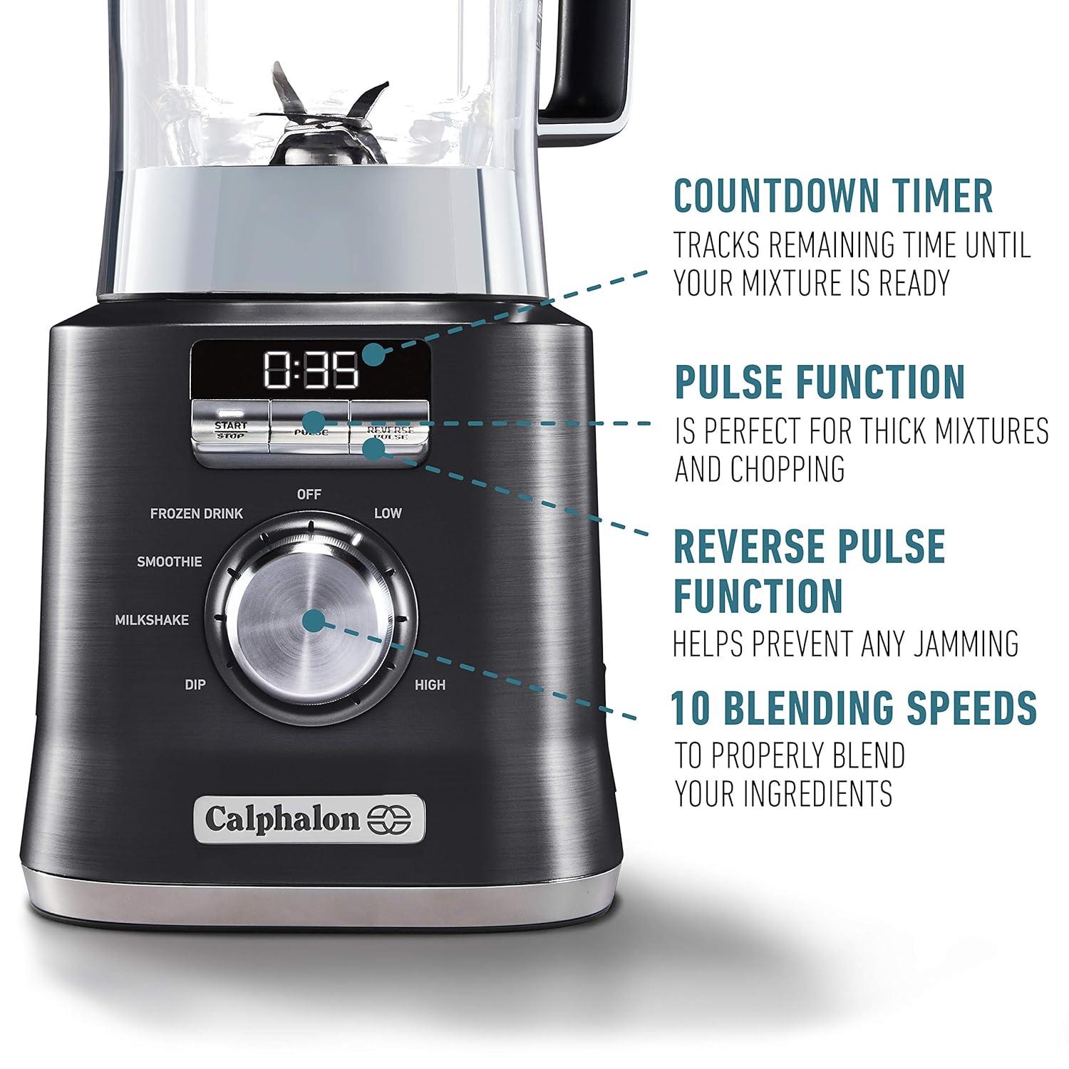 Calphalon Auto-Speed 2-Liter Blender with Blend-N-Go Smoothie Cup, Dark Stainless Steel