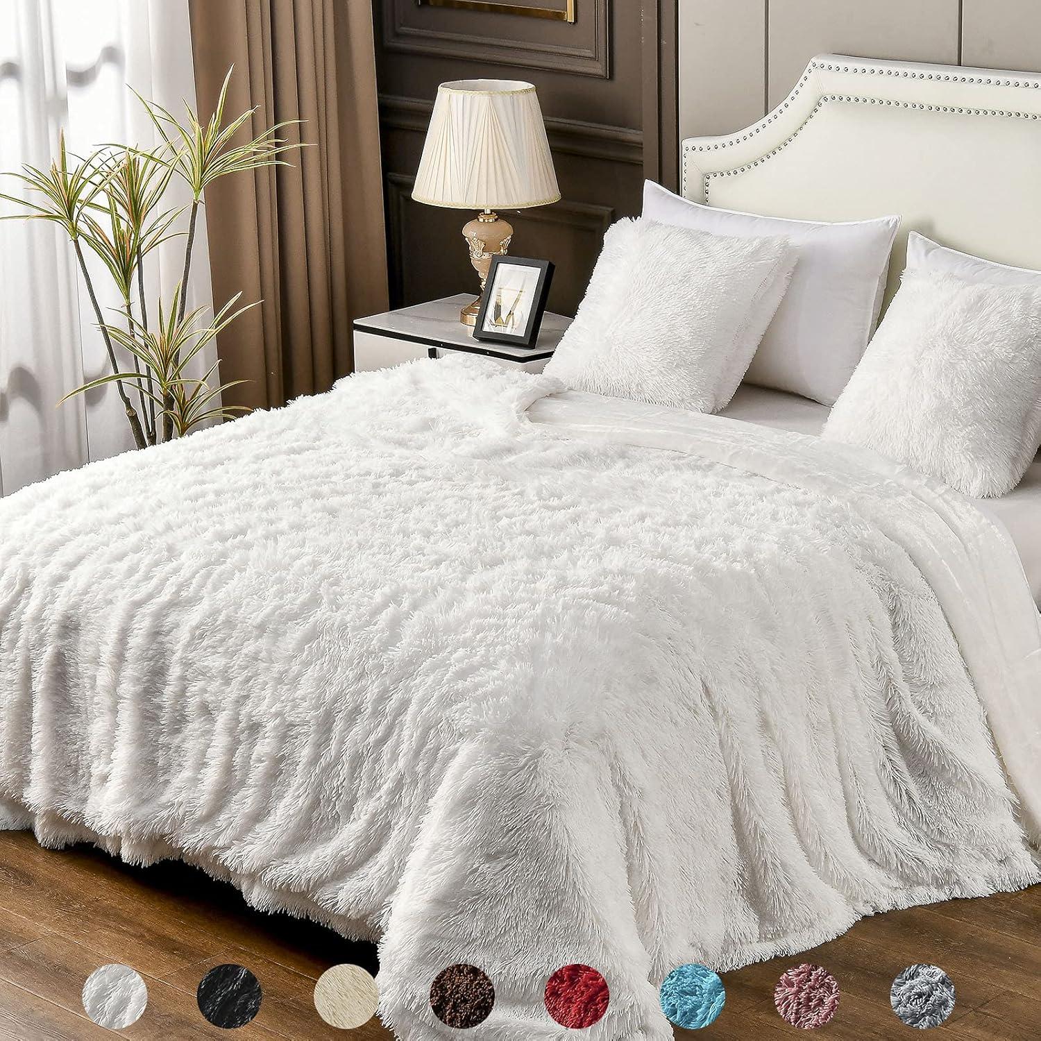 YUSOKI Twin Size Faux Fur Throw Blanket(White,60" x 80"),Whithout Pillows,Winter Lightweight Plush Fuzzy Soft Cozy Microfiber Comfy Bed Blanket for Women Kids Girls Couch Sofa Washable