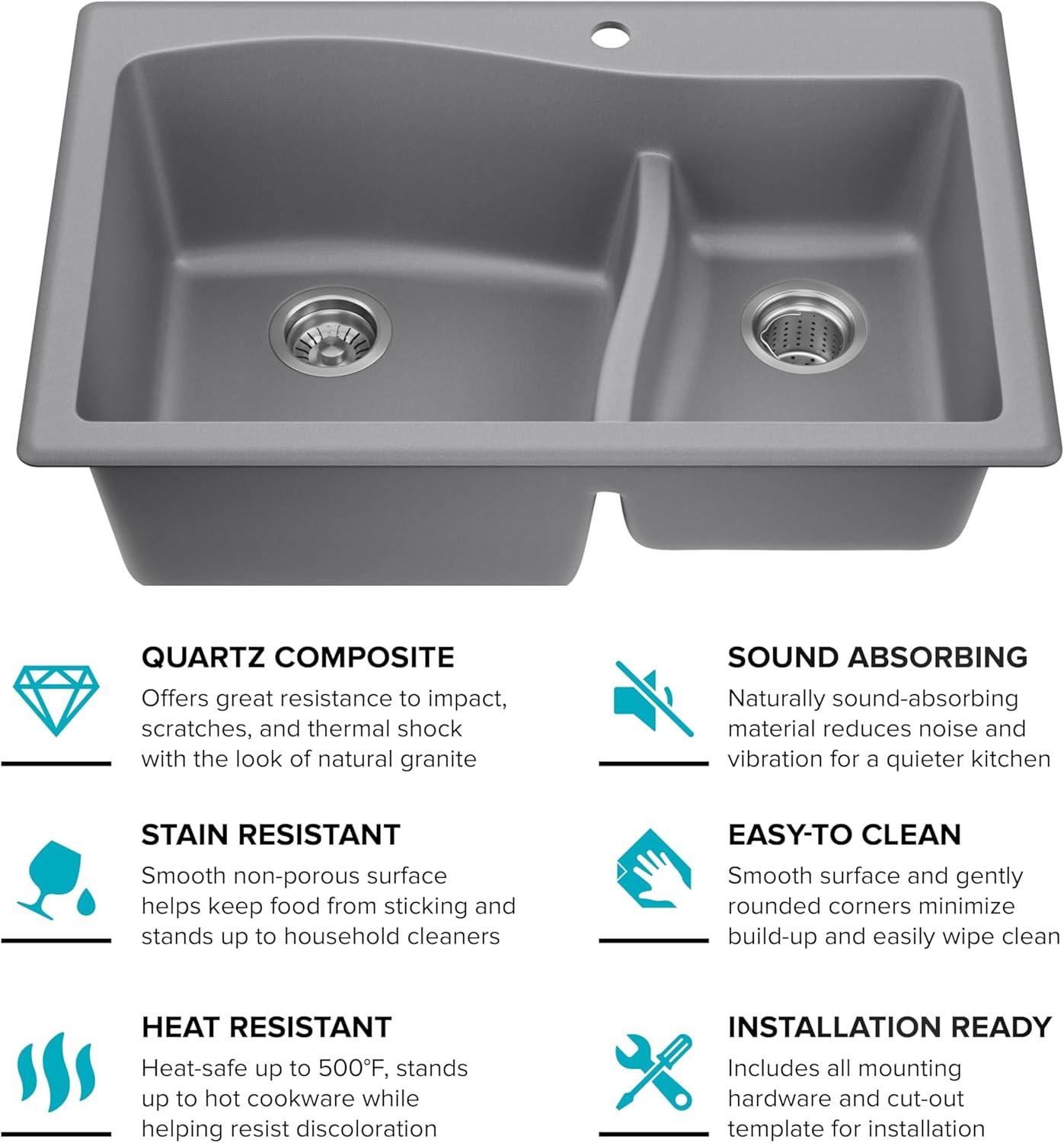 Kraus KRAUS Quarza™ 33" L Dual Mount 60/40 Double Bowl Granite Kitchen Sink KGD-442GREY