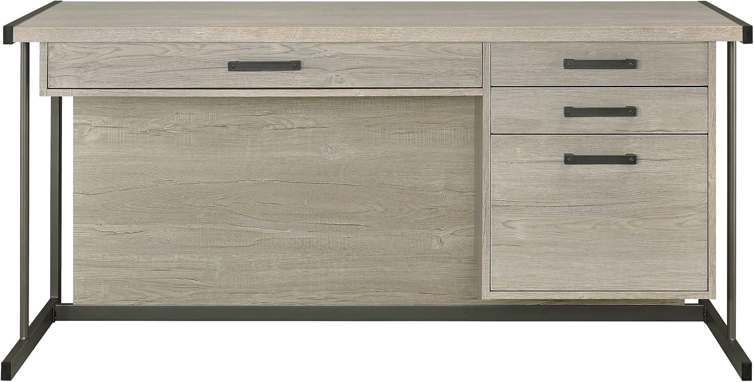 Whitewashed Gray Wood Office Desk with Filing Cabinet