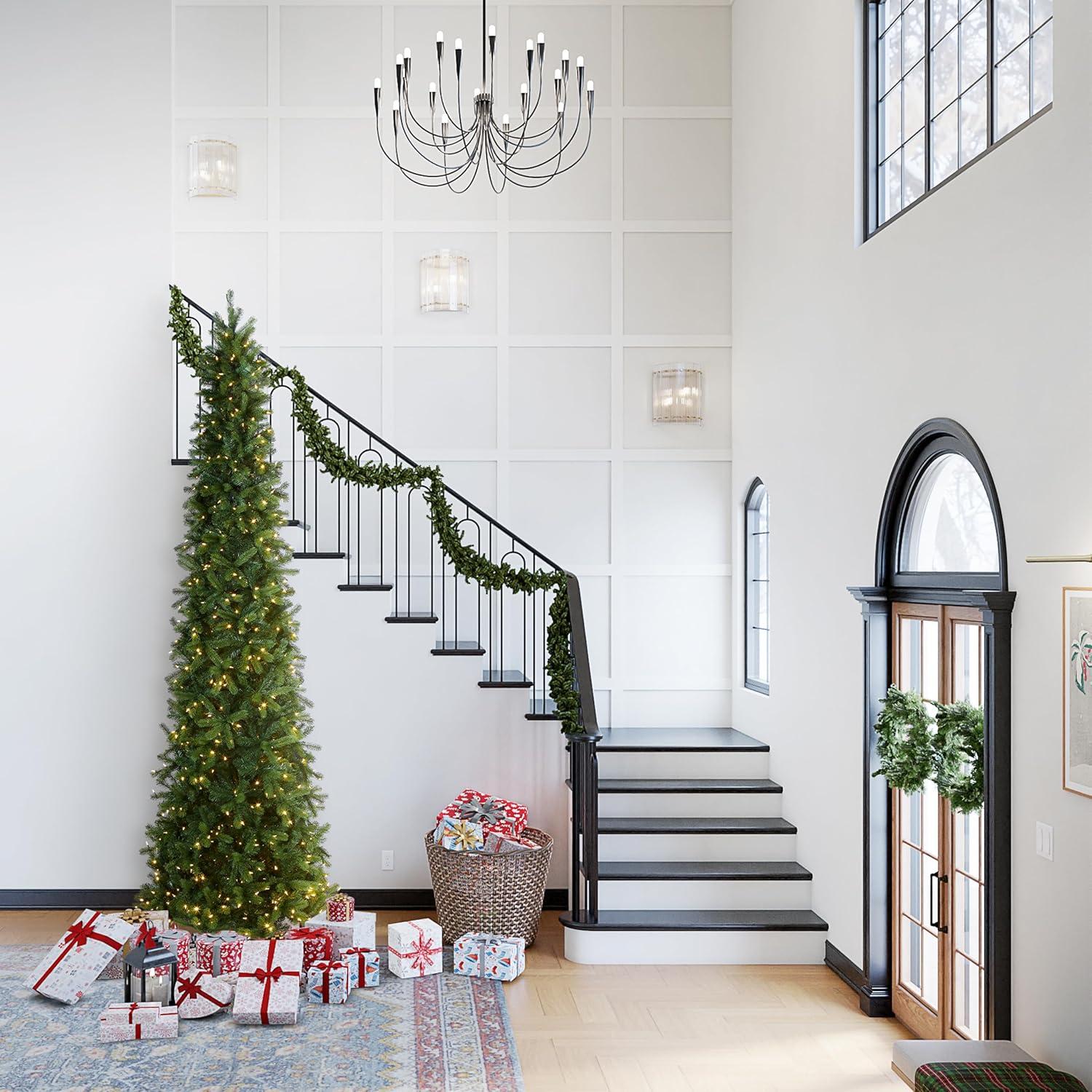 12' Prelit Pencil Slim Feel Real Downswept Douglas Fir Artificial Christmas Tree Dual Color Lights - National Tree Company