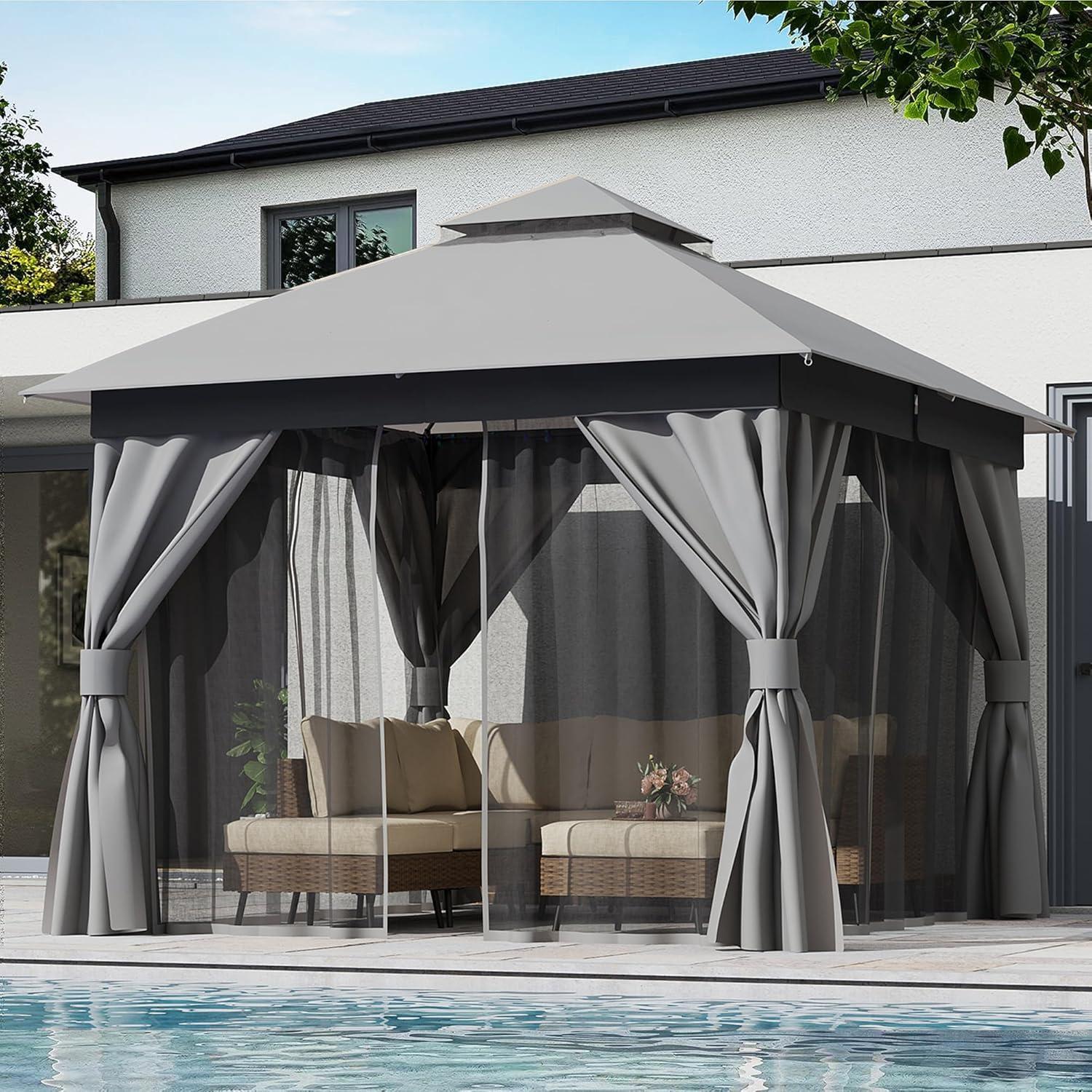 LAUSAINT HOME 10'x10' Patio Gazebo, Double Roof Outdoor Shelter Tent with Mosquito Nettings and Privacy Screens, Gray