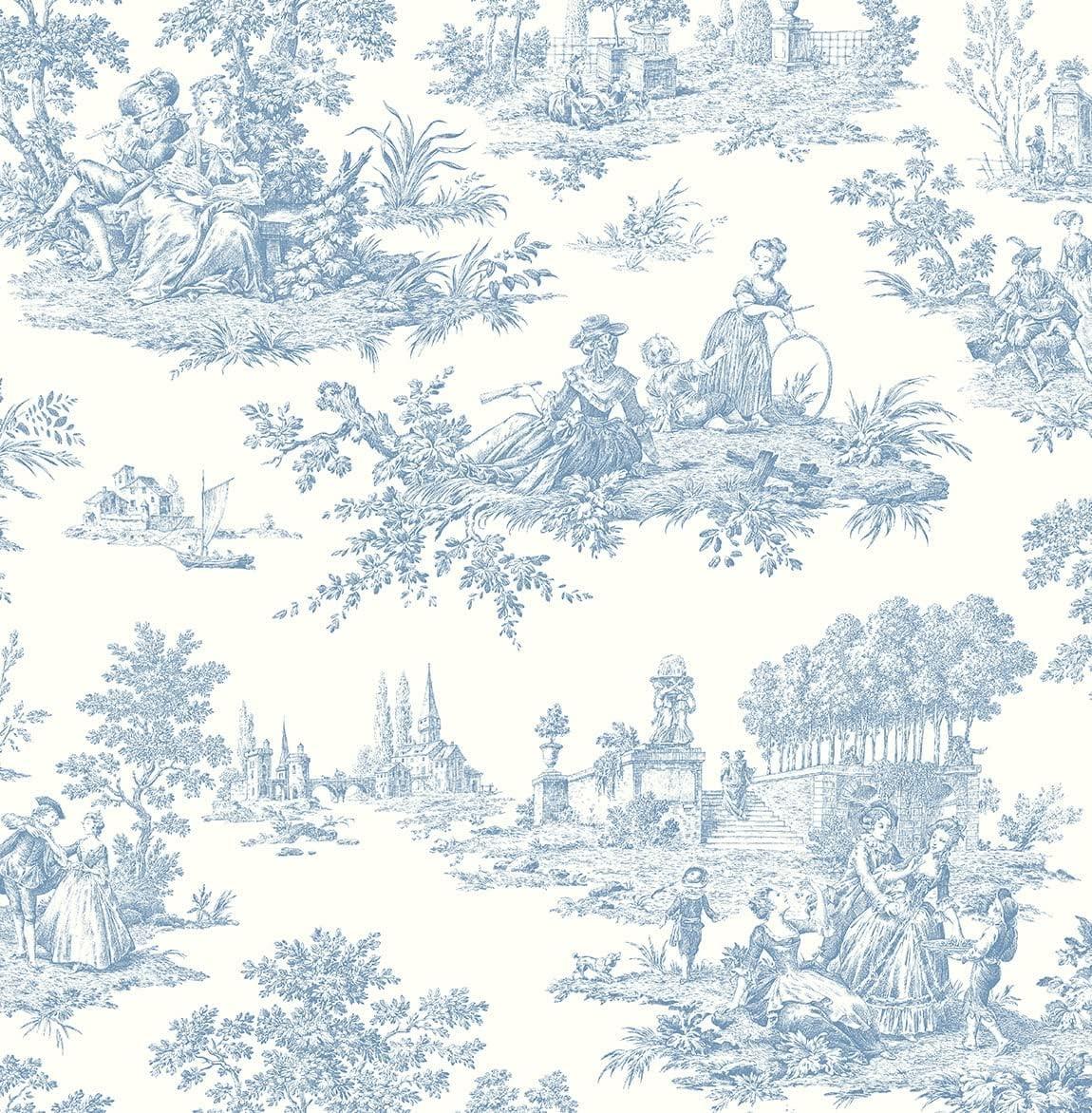 NextWall Chateau Toile Peel and Stick Wallpaper Blue: Removable Vinyl, Self-Adhesive, Traditional Toile Design, 30.75 Sq Ft Coverage