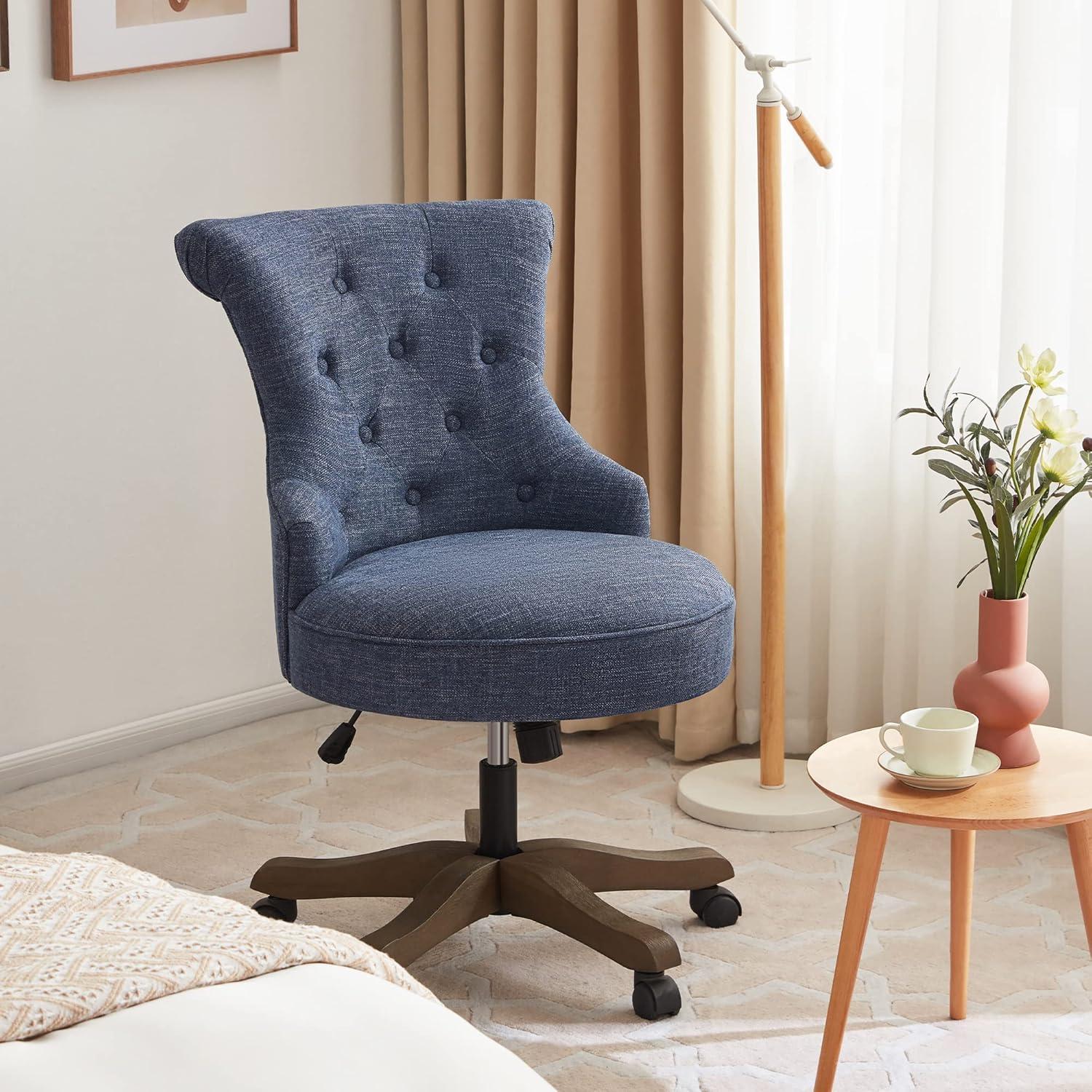 Blue Linen Upholstered Swivel Office Chair with Wooden Legs