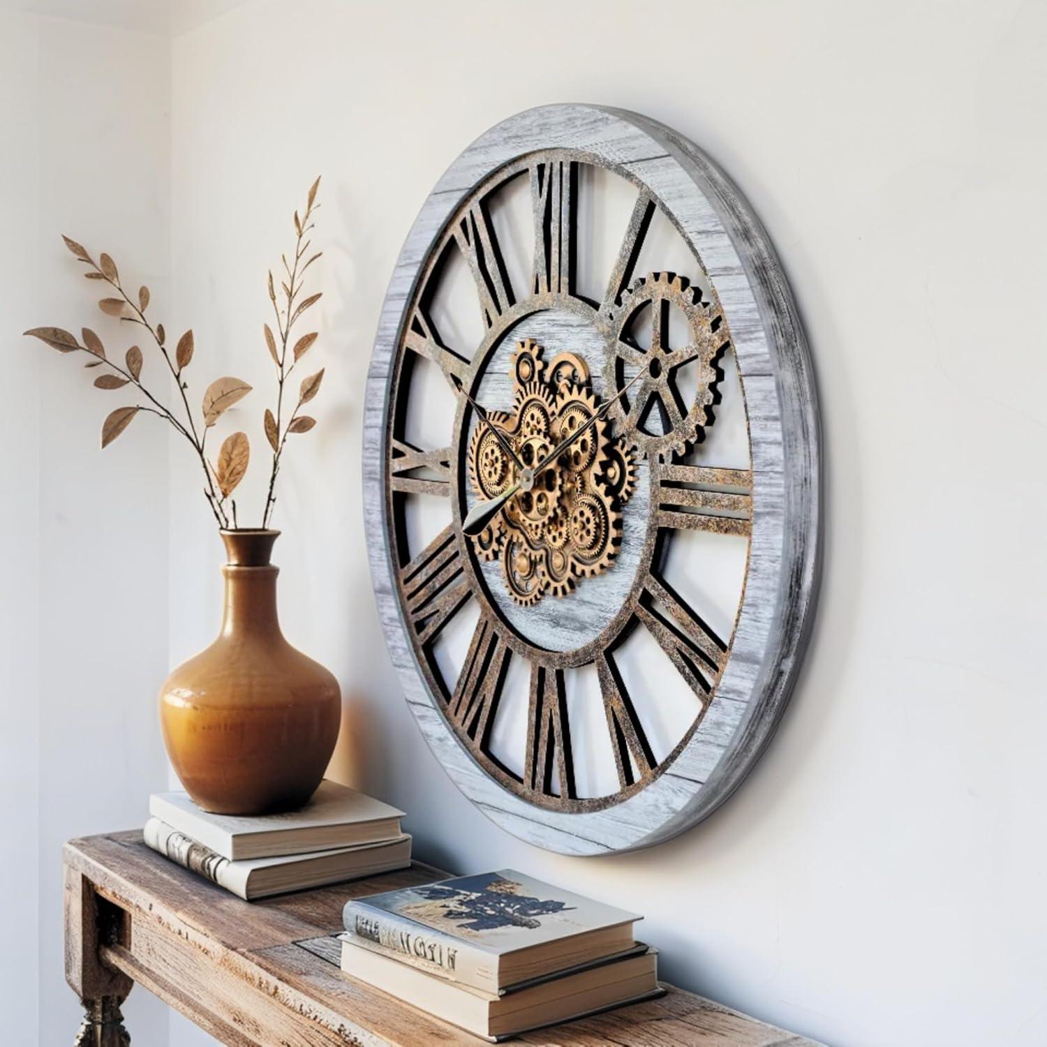 The Gears Clock Wall Clock 36" Round Oversized for Living Room decor with Real Moving Gears America Collection
