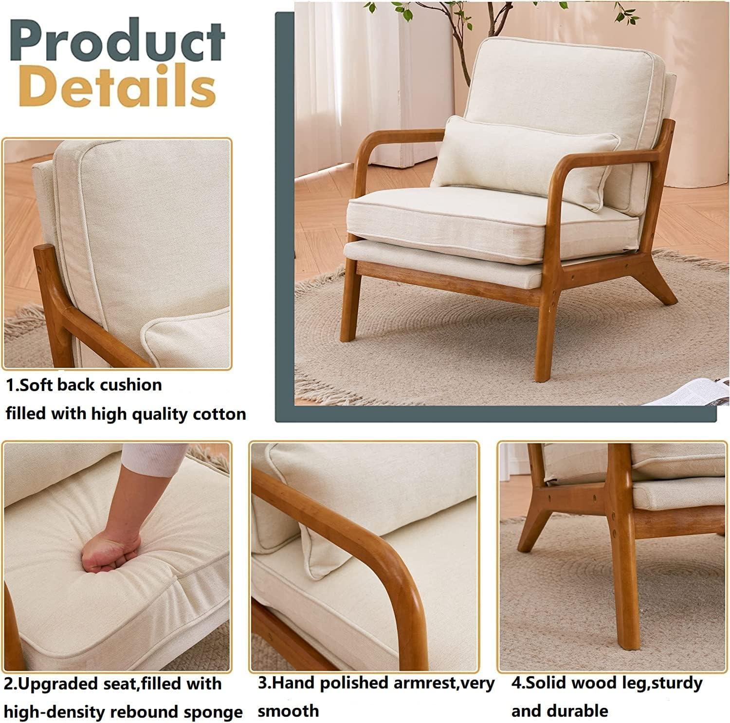 Beige Linen Armchair with Wood Frame and Pillow