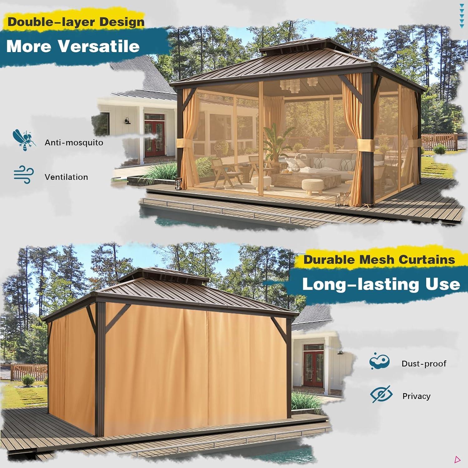 Richryce 12'x14' Hardtop Gazebo with Galvanized Steel Double Roof & Aluminum Frame, Outdoor Gazebo with Premium Curtains and Nettings