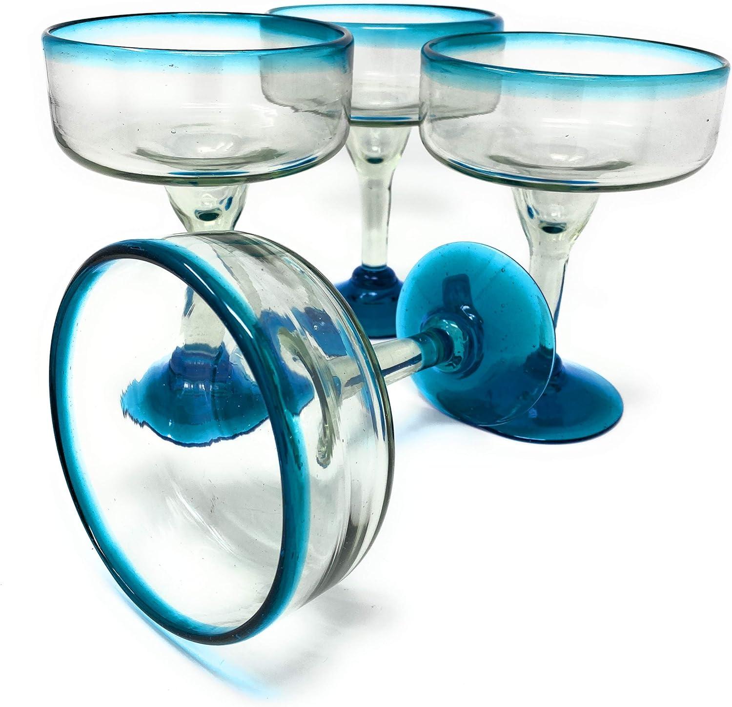 Hand Blown Aqua Rim 16 oz. Margarita Glasses, Set of 4