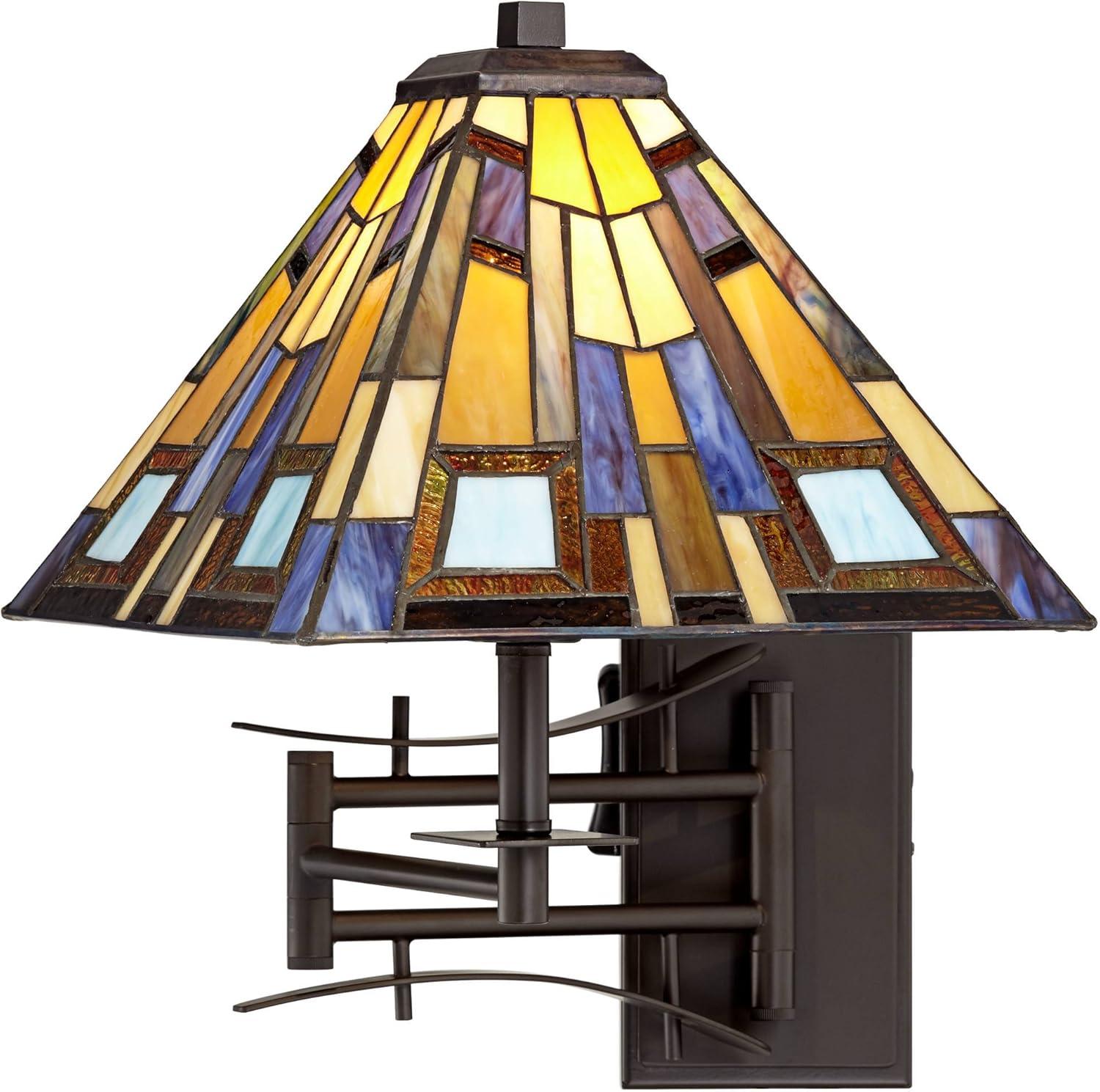 Robert Louis Tiffany Vintage Swing Arm Wall Lamp Plug-in Light Fixture Jewel Tone Stained Art Glass for Bedroom Bedside Living Room Reading Home House