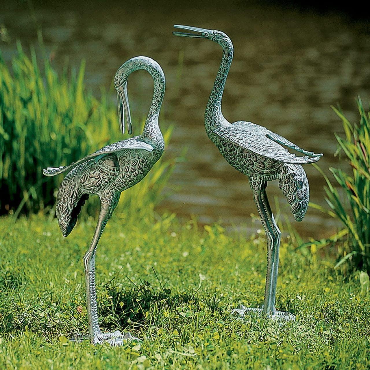 Achla PC-01 Preening Crane Pair Statue - Antique Verdi