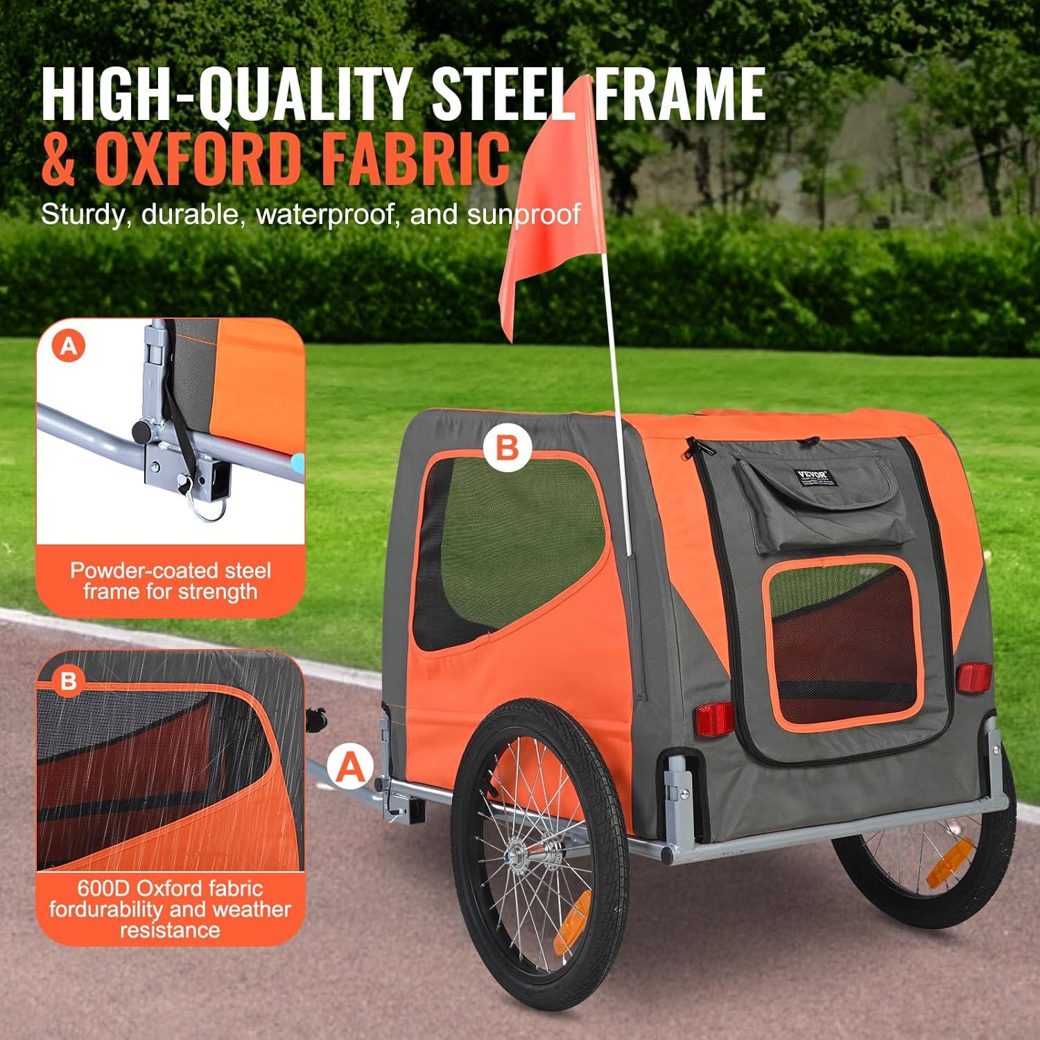 Orange and Gray Folding Dog Bike Trailer with Mesh Windows