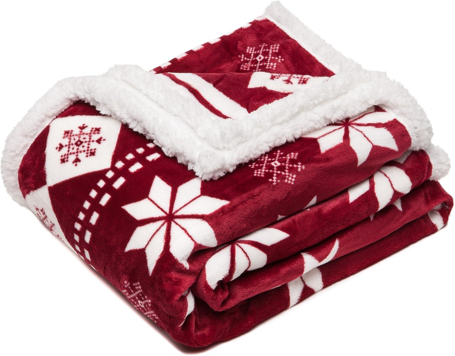 Chanasya Super Soft Fleece Sherpa Holiday Throw Blanket - Luxurious Snuggly Cozy Warm Hypoallergenic Vibrant Burgundy Red and White for Sofa Couch Bed Holiday Gift ( 50" x 65")- Machine Washable