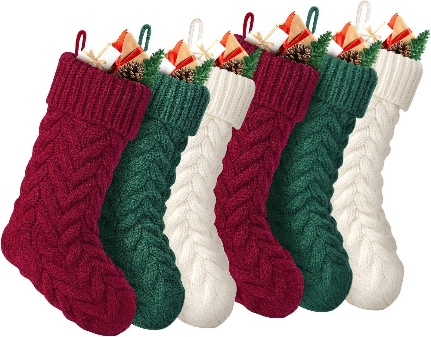 6pcs Christmas Stockings 18 inch Burgundy, Ivory, Green Vintage Cable Knit Xmas Stockings for Family Christmas DecoratioBurlap Christmas Stockings Xmas Fireplace Hanging Stockings,Truck Christmas Buf