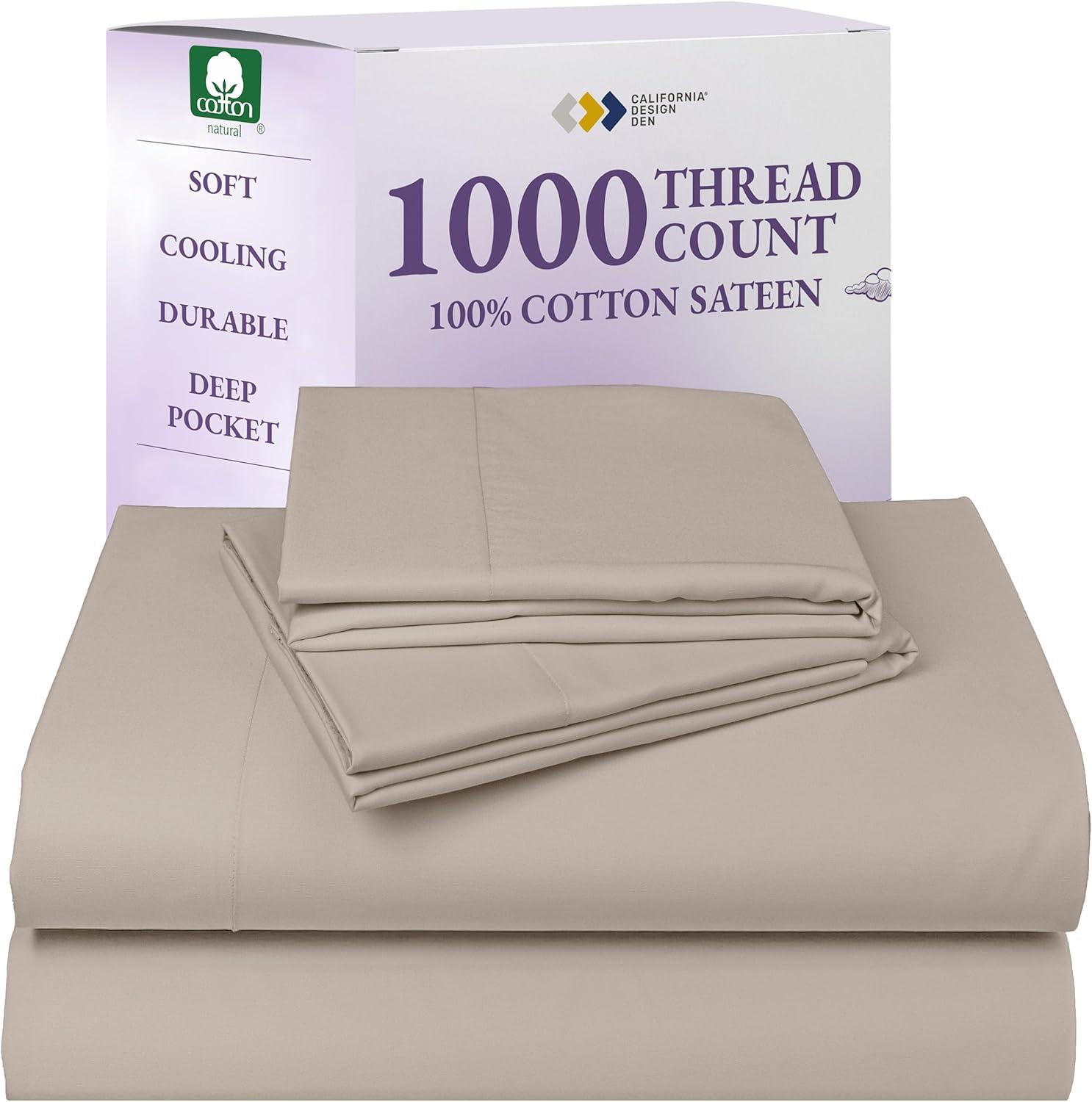 Luxury 1000 Thread Count Bed Sheets Set - 100% Cotton Sateen - Soft, Thick & Deep Pocket by California Design Den - Bright White, Split King