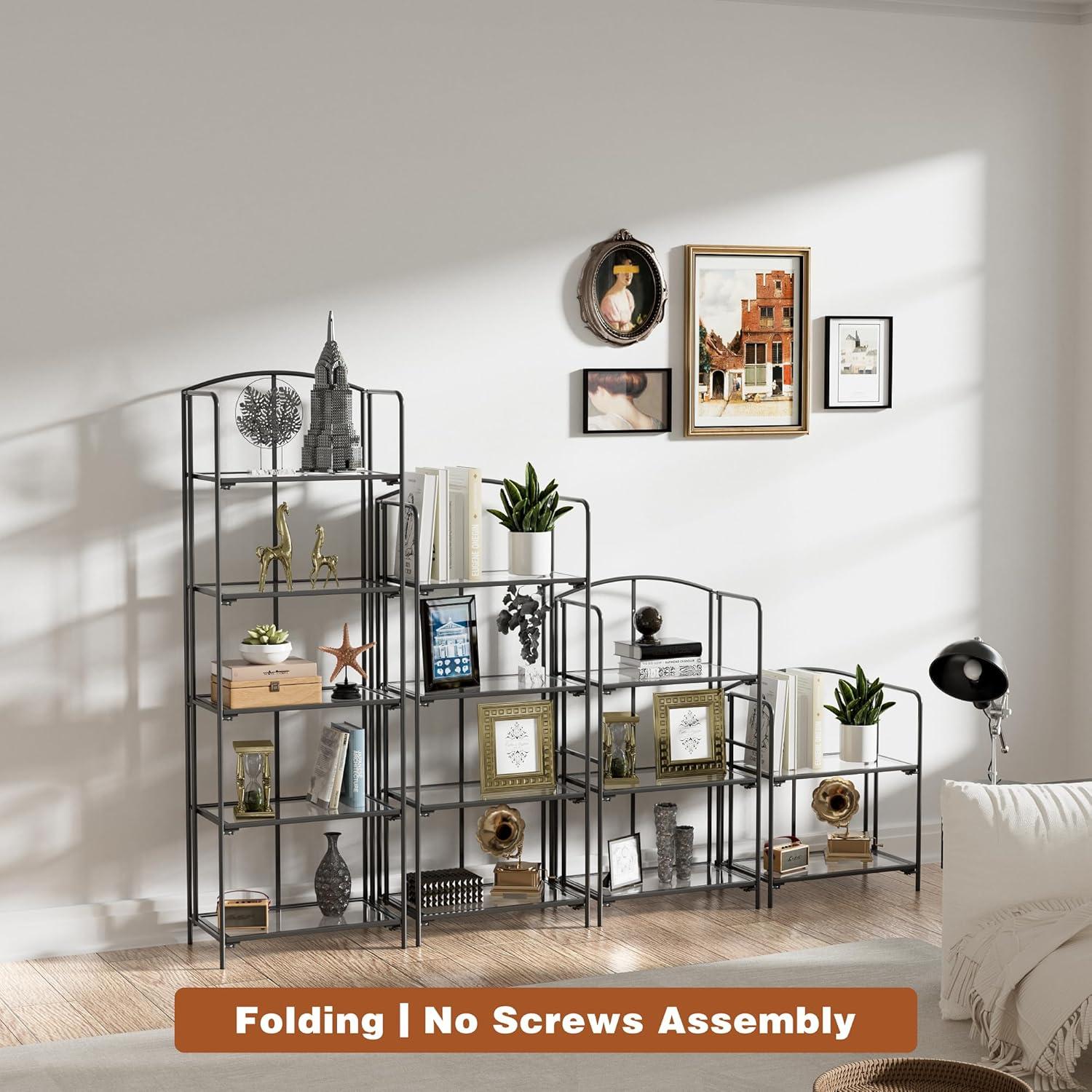 No Assembly Folding Bookshelf, 5 Tier Black Bookshelf, Metal Book Shelf for Storage, Folding Bookcase for Office Organization and Storage, 12.87" D x 22.91" W x 68.1" H