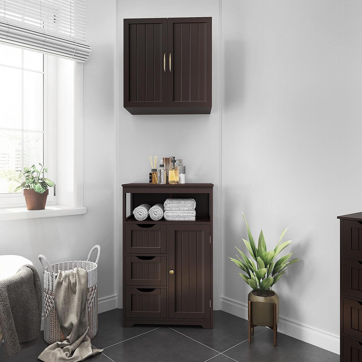 Espresso MDF Bathroom Floor Cabinet with Adjustable Shelving