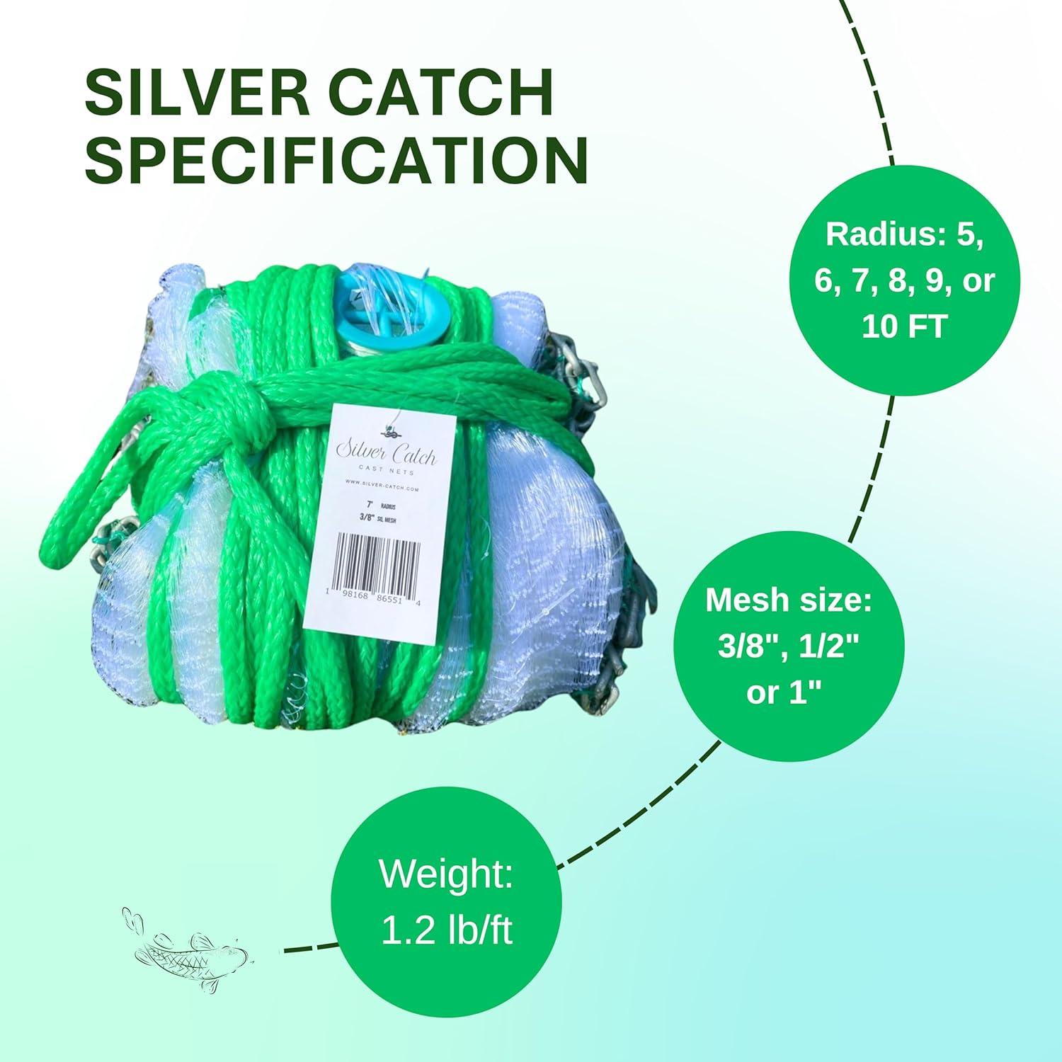 Silver Catch 8' Radius Cast Net Featuring 3/8" Mesh, True Six-Panel Design for Effective Smaller Bait Capture, Durable and Reliable