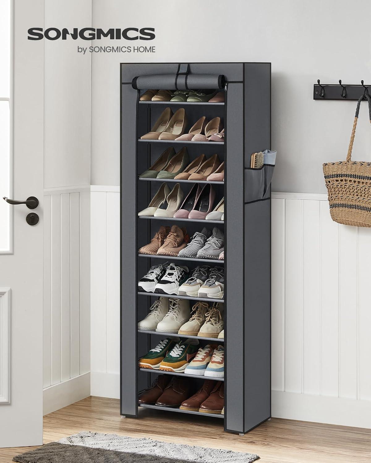 Grey 9-Tier Fabric and Metal Shoe Rack with Cover