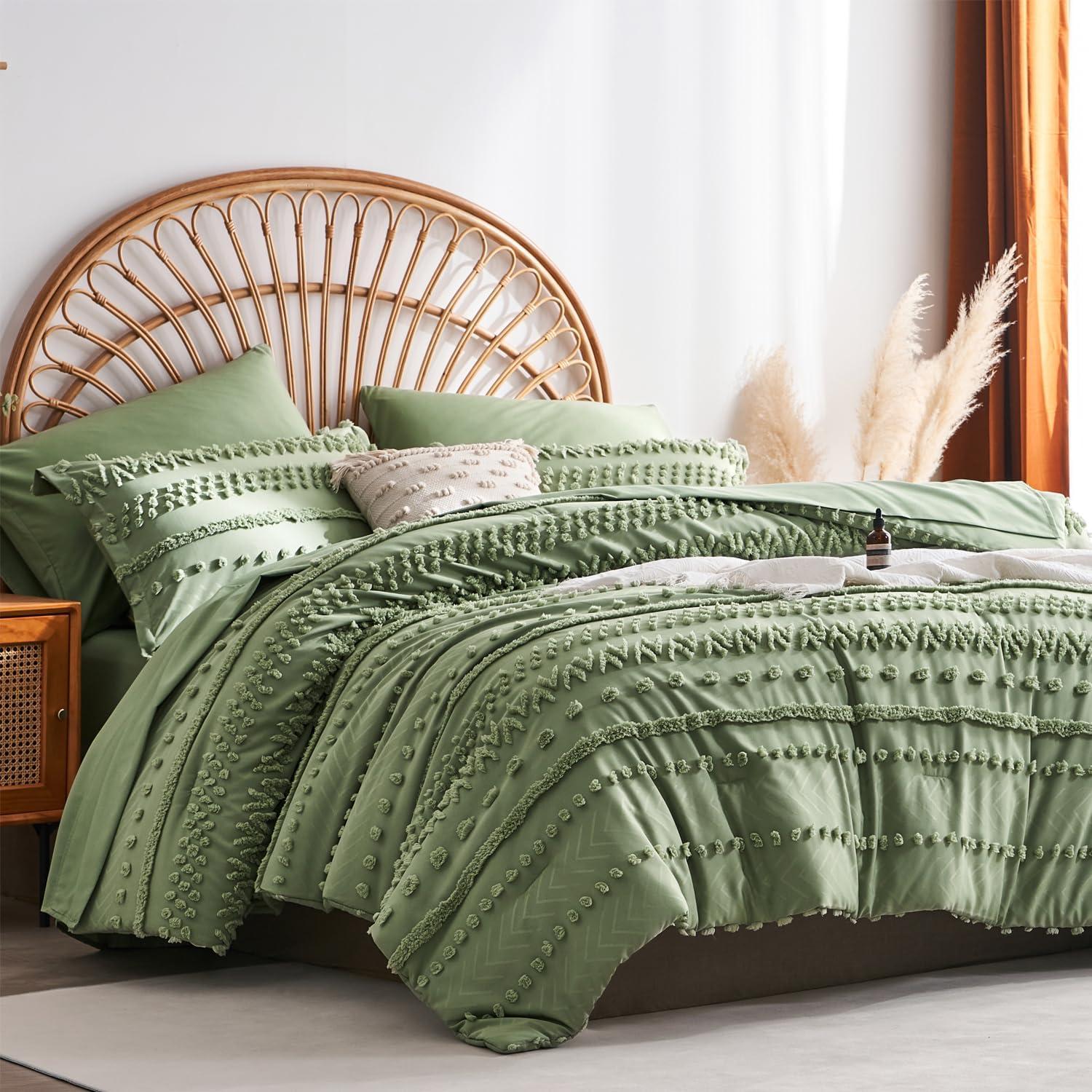 Sage Green Microfiber King Boho Comforter Set with Pom-Pom Accents